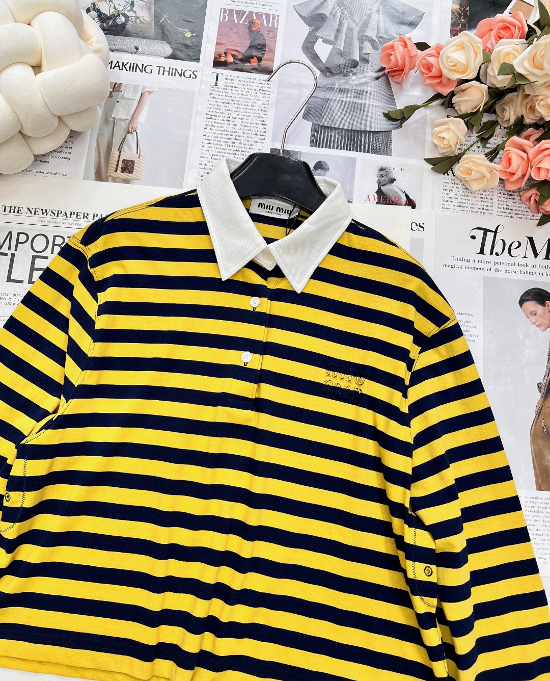🆕Miumiu25Fw早秋新款间色🐝条纹短款翻领宽松版长袖T恤丨⚠独家yb开发！高版出品！对版100%棉