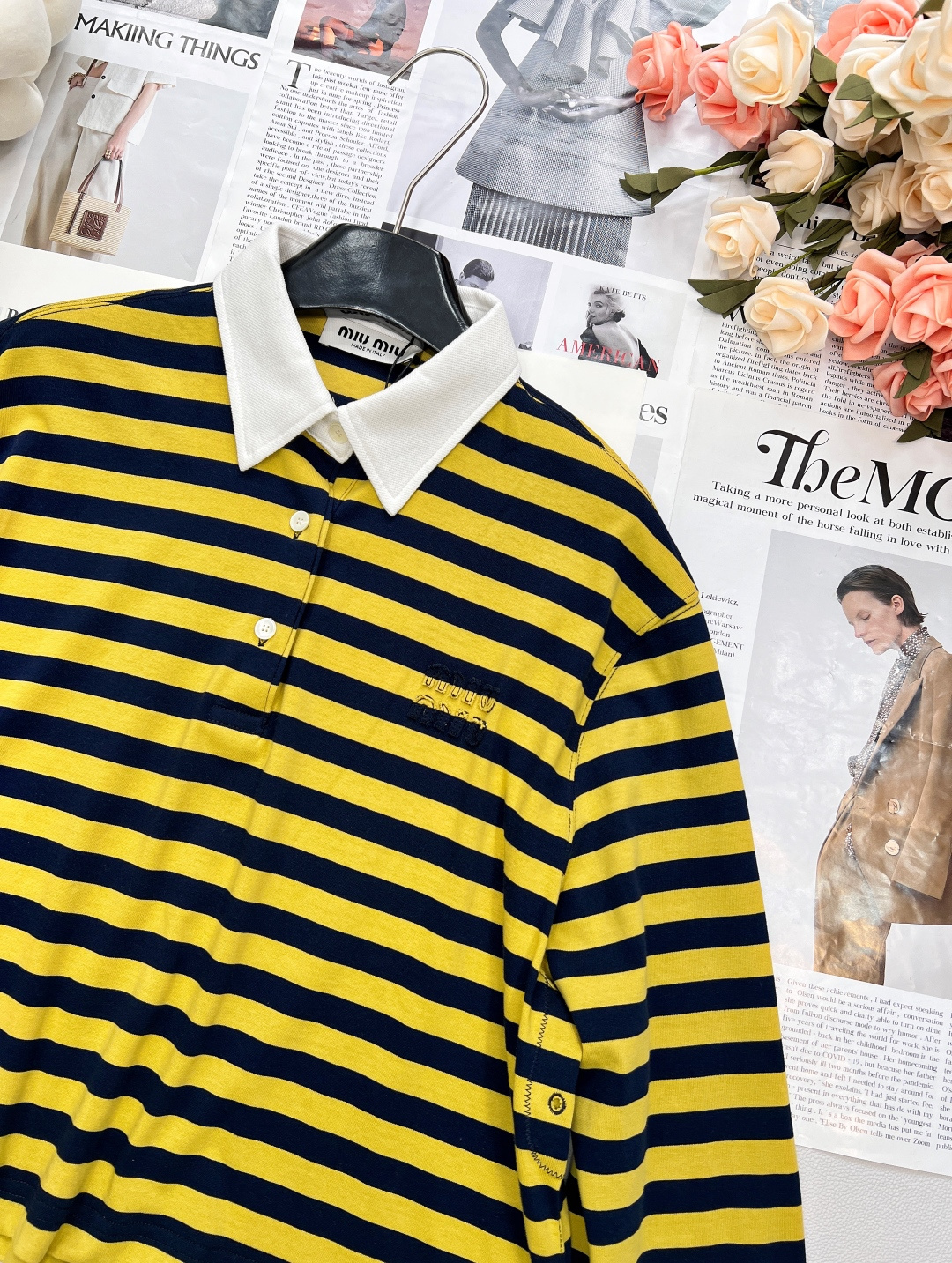 🆕Miumiu25Fw早秋新款间色🐝条纹短款翻领宽松版长袖T恤丨⚠独家yb开发！高版出品！对版100%棉