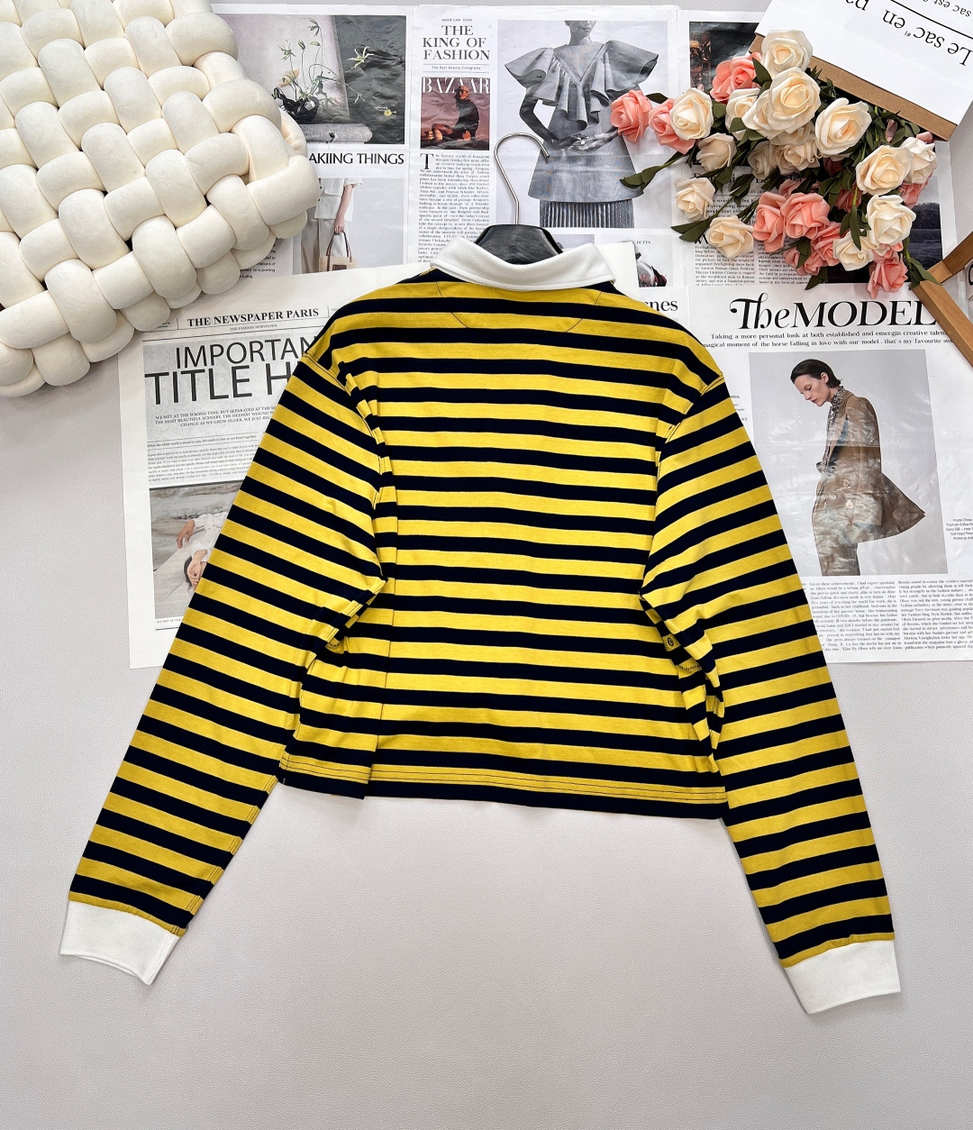 🆕Miumiu25Fw早秋新款间色🐝条纹短款翻领宽松版长袖T恤丨⚠独家yb开发！高版出品！对版100%棉
