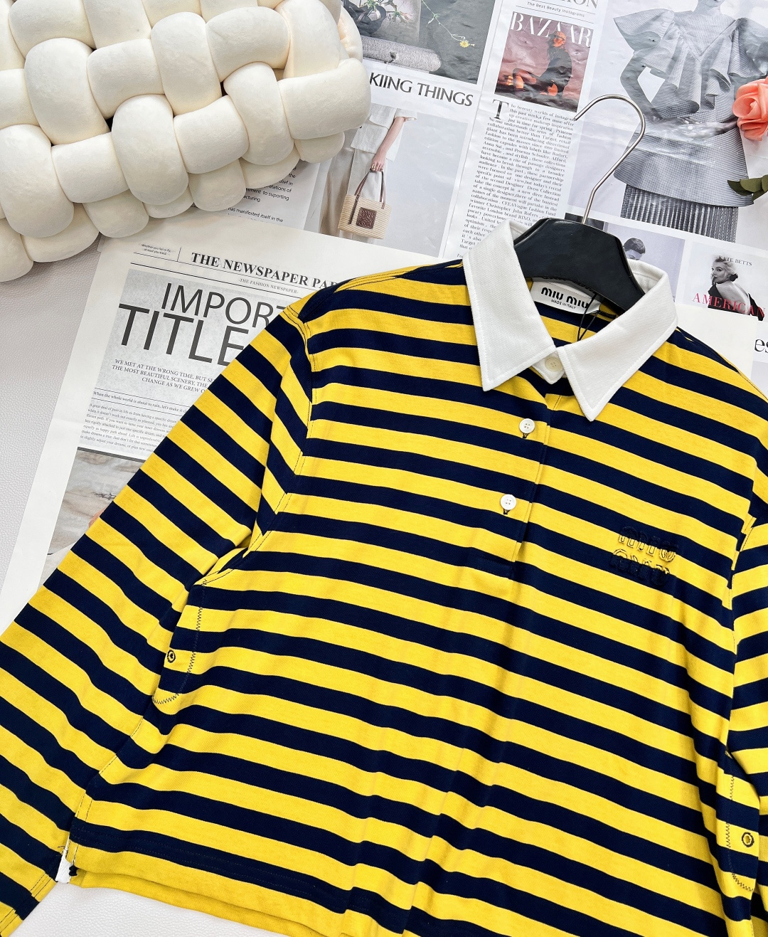 🆕Miumiu25Fw早秋新款间色🐝条纹短款翻领宽松版长袖T恤丨⚠独家yb开发！高版出品！对版100%棉
