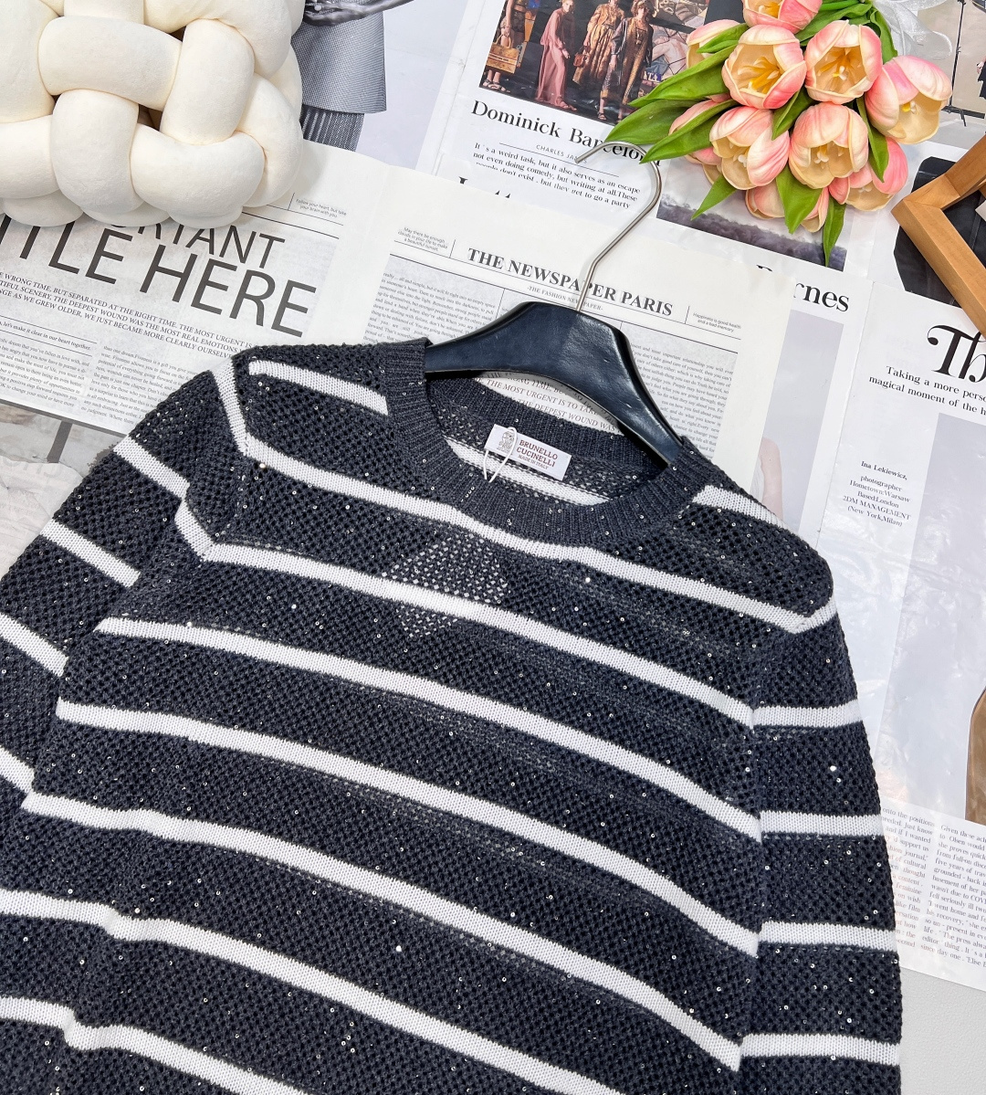 🆕Brunelo Cucinelli SS新款圆领珠片镂空针织上衣，定制YB羊毛针织材质 质感舒适 品相