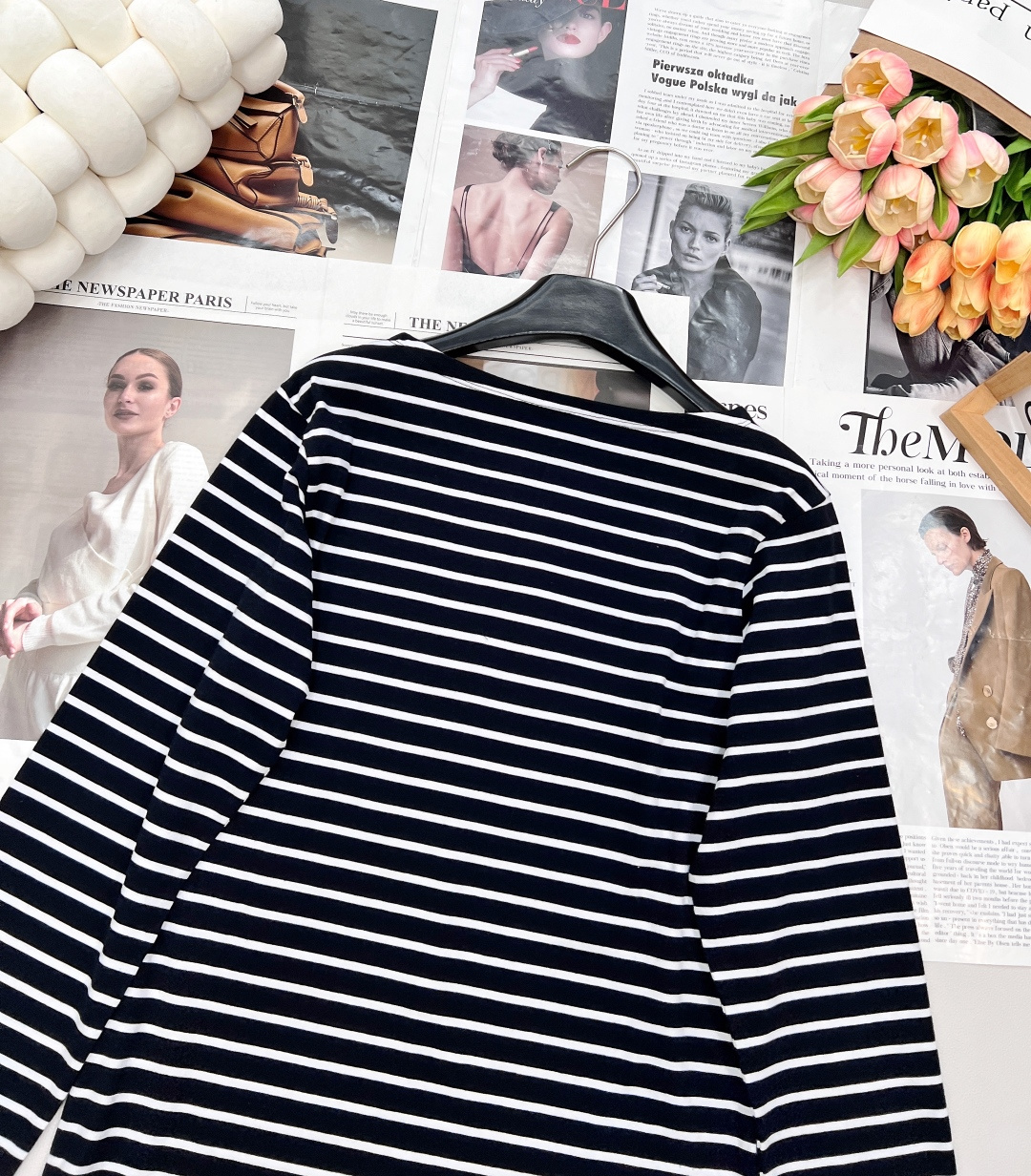 🆕Chanel新款宽松条纹长袖上衣，定制YB斜纹全棉材质 质感光泽 弹力十足 平口一字圆领长袖上衣裁剪 