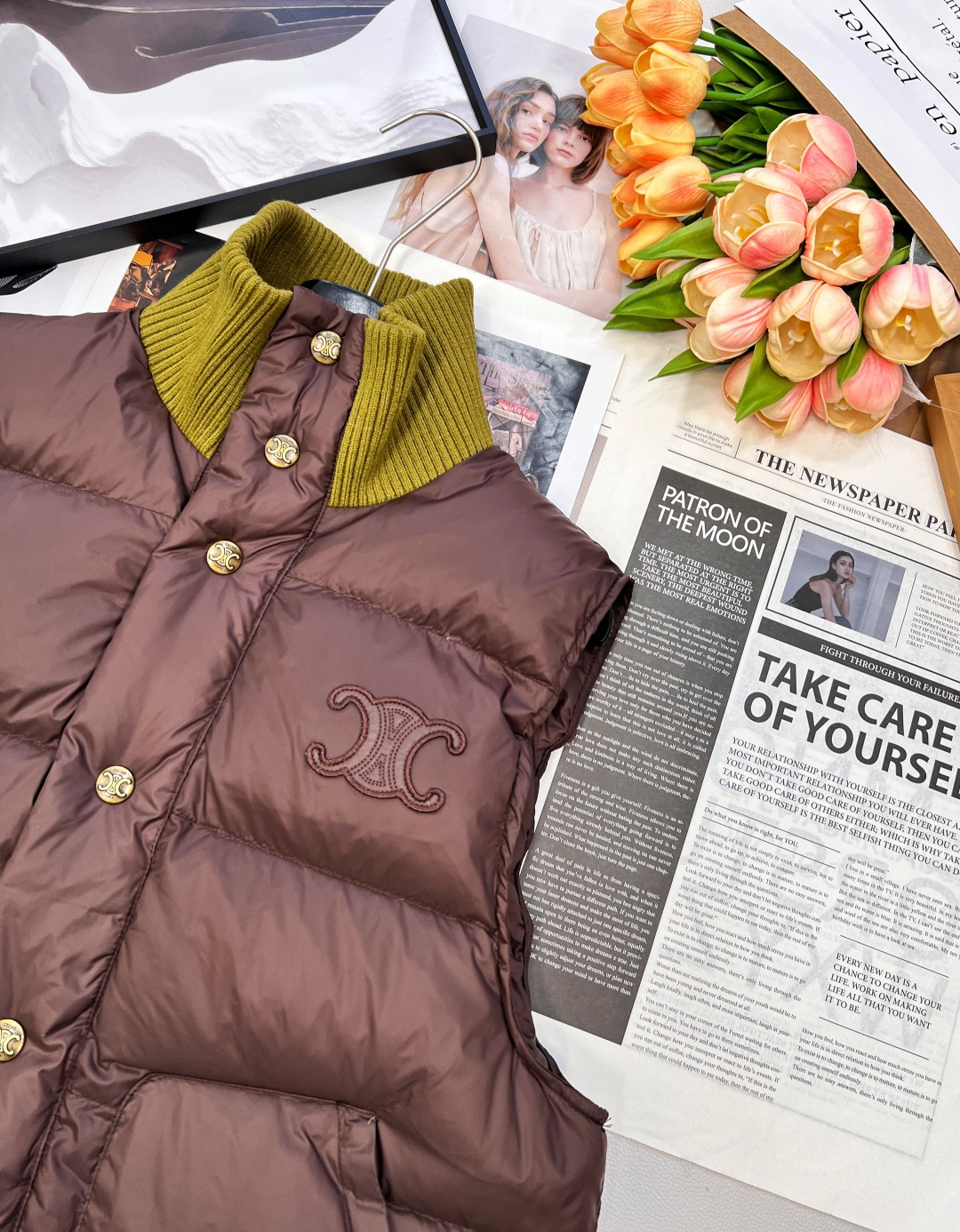 🆕Celine2025新款螺纹立领撞色棉服马甲，定制YB防风防水尼龙材质，羽绒棉填充内里，整件轻盈保暖，