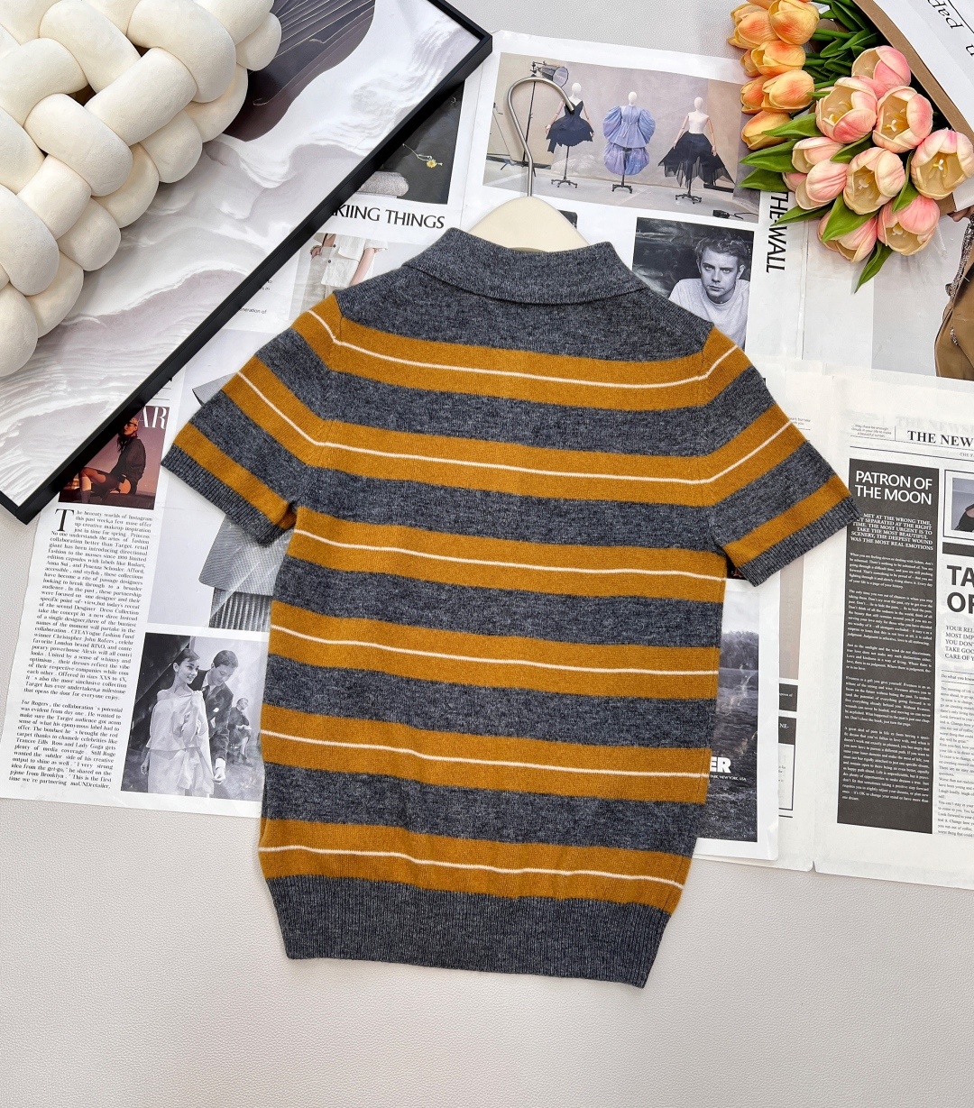 🆕Miumiu25FW早秋新款微标提花条纹羊绒短袖针织Polo衫丨⚠独家yb开发!高版出品!灰与暖棕的条