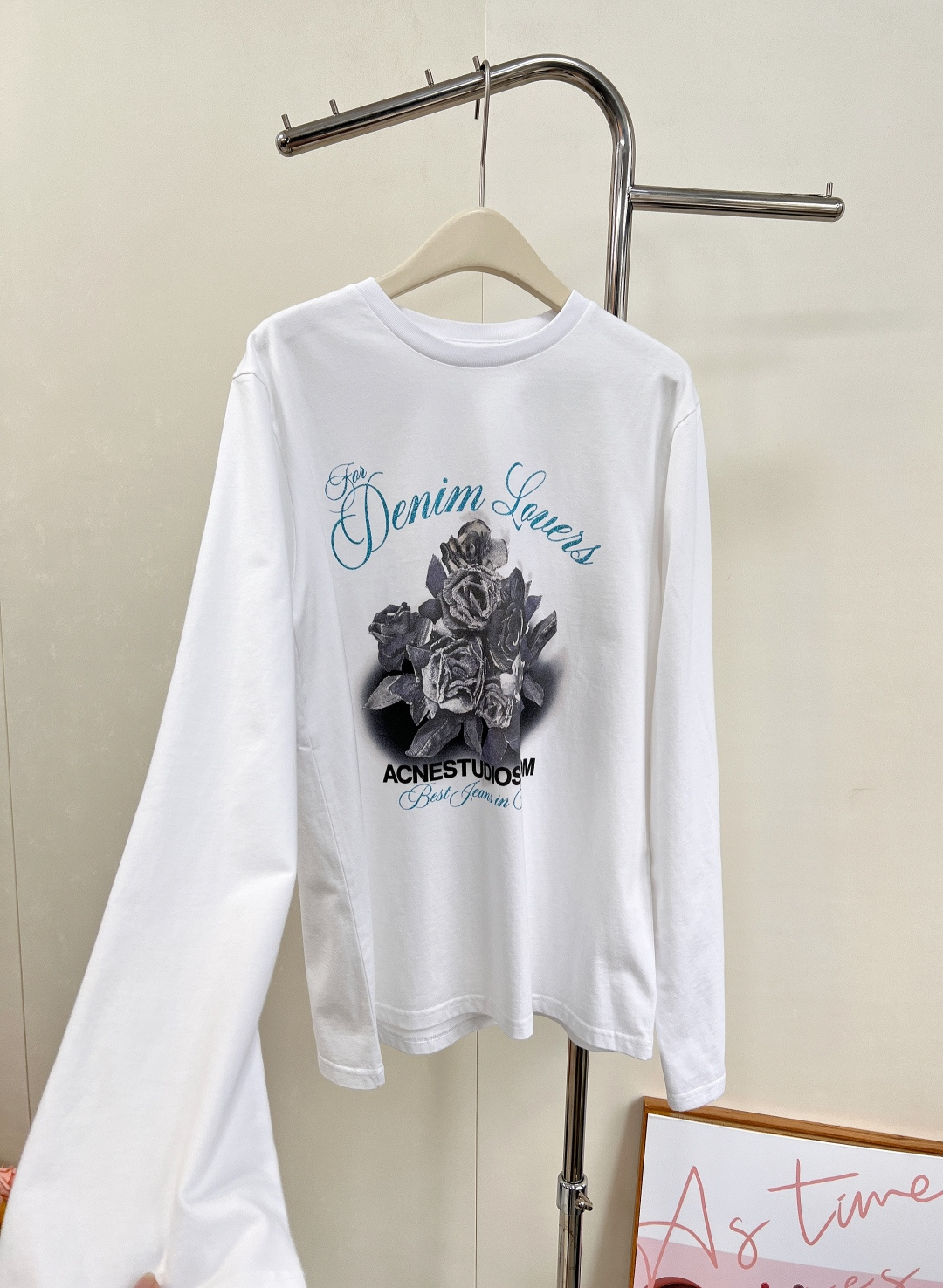 🆕Acne Studios早秋新款徽标玫瑰印花休闲圆领长袖T恤，白色纯棉做旧玫瑰长袖上衣，娇艳玫瑰印花，