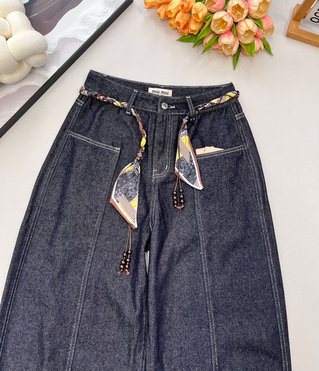 🆕MiuMiu25FW秋冬新款明线设计丝巾腰带阔腿牛仔裤丨⚠独家yb开发！高版出品！选用深靛蓝单宁面料，
