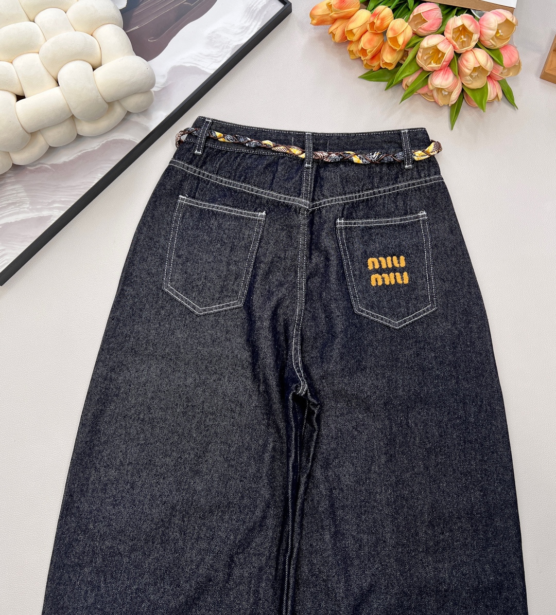 🆕MiuMiu25FW秋冬新款明线设计丝巾腰带阔腿牛仔裤丨⚠独家yb开发！高版出品！选用深靛蓝单宁面料，