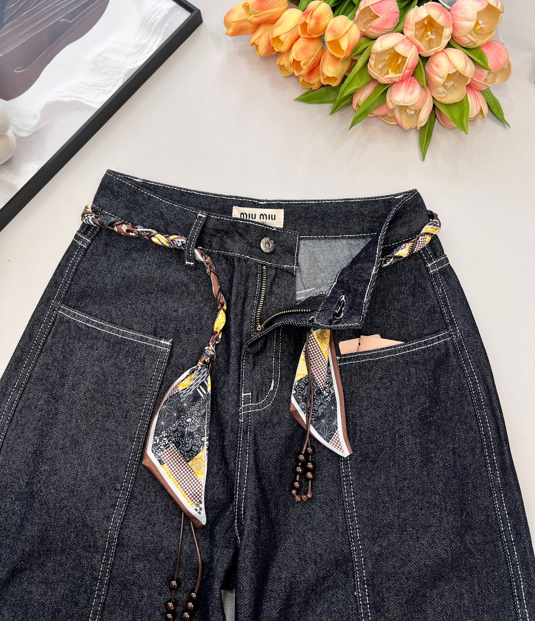 🆕MiuMiu25FW秋冬新款明线设计丝巾腰带阔腿牛仔裤丨⚠独家yb开发！高版出品！选用深靛蓝单宁面料，