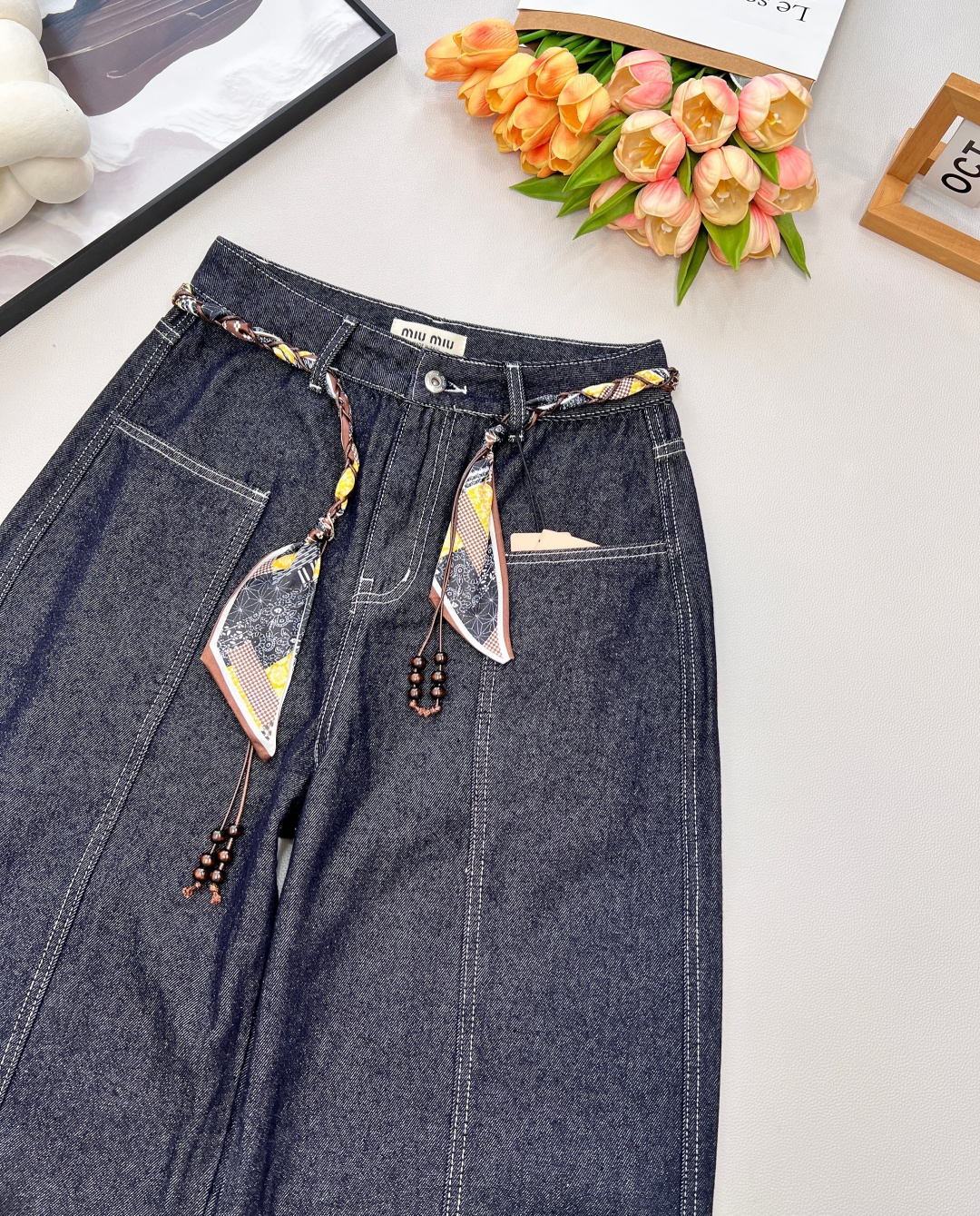 🆕MiuMiu25FW秋冬新款明线设计丝巾腰带阔腿牛仔裤丨⚠独家yb开发！高版出品！选用深靛蓝单宁面料，