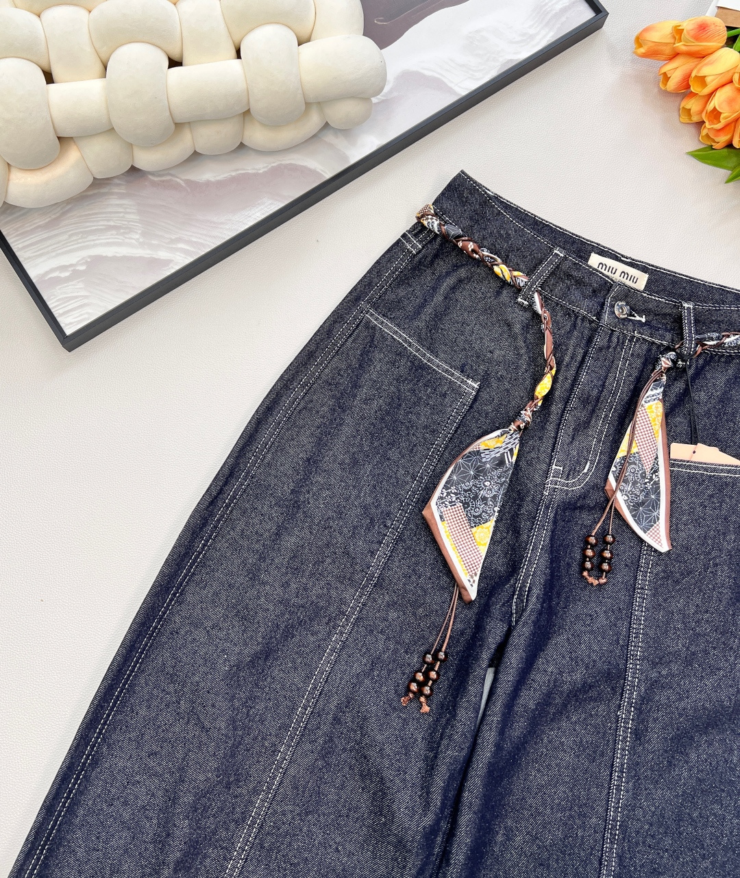 🆕MiuMiu25FW秋冬新款明线设计丝巾腰带阔腿牛仔裤丨⚠独家yb开发！高版出品！选用深靛蓝单宁面料，