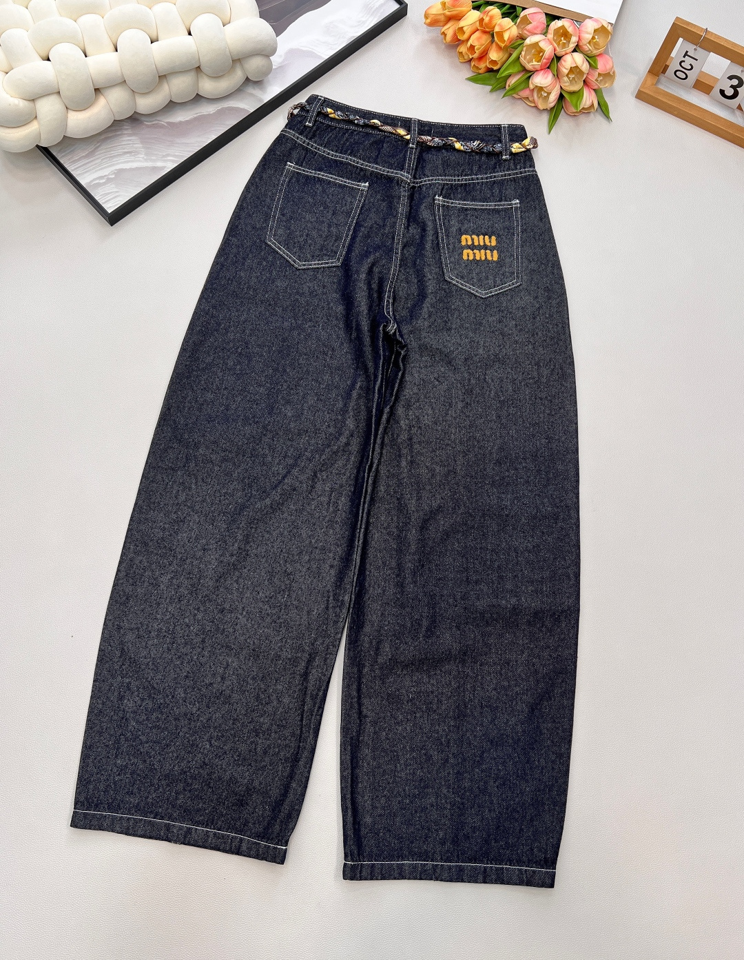 🆕MiuMiu25FW秋冬新款明线设计丝巾腰带阔腿牛仔裤丨⚠独家yb开发！高版出品！选用深靛蓝单宁面料，