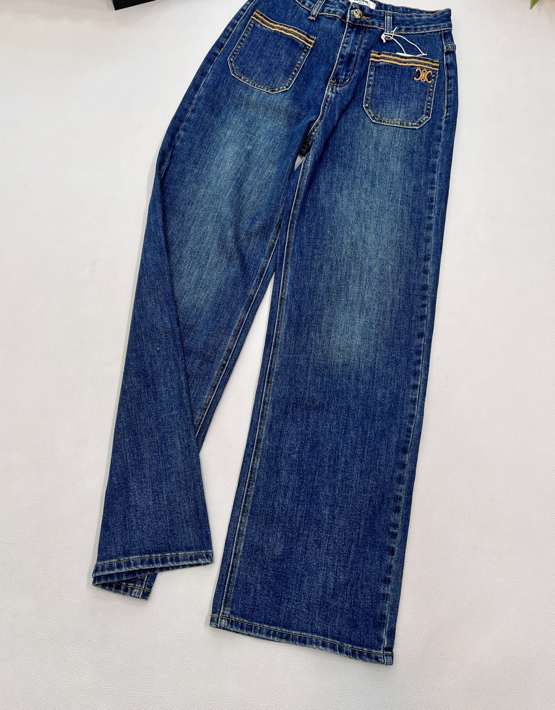 🆕CELINE新款凯旋门25秋冬款口袋刺绣弹力直筒牛仔裤，赛络纺弹力面料，深色普洗水，定制刺绣logo腰