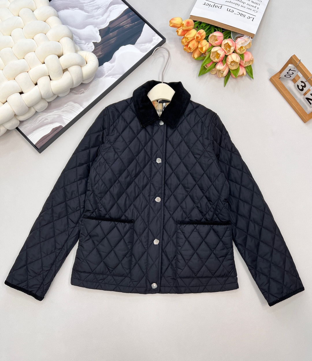 🆕BBRBERRY 2025SS新款灯芯绒领藤格纹棉服外套，定制YB防风防水尼龙材质，羽绒棉填充内里，整