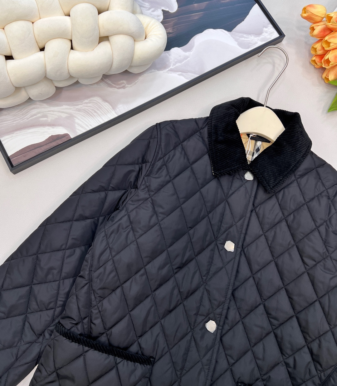 🆕BBRBERRY 2025SS新款灯芯绒领藤格纹棉服外套，定制YB防风防水尼龙材质，羽绒棉填充内里，整