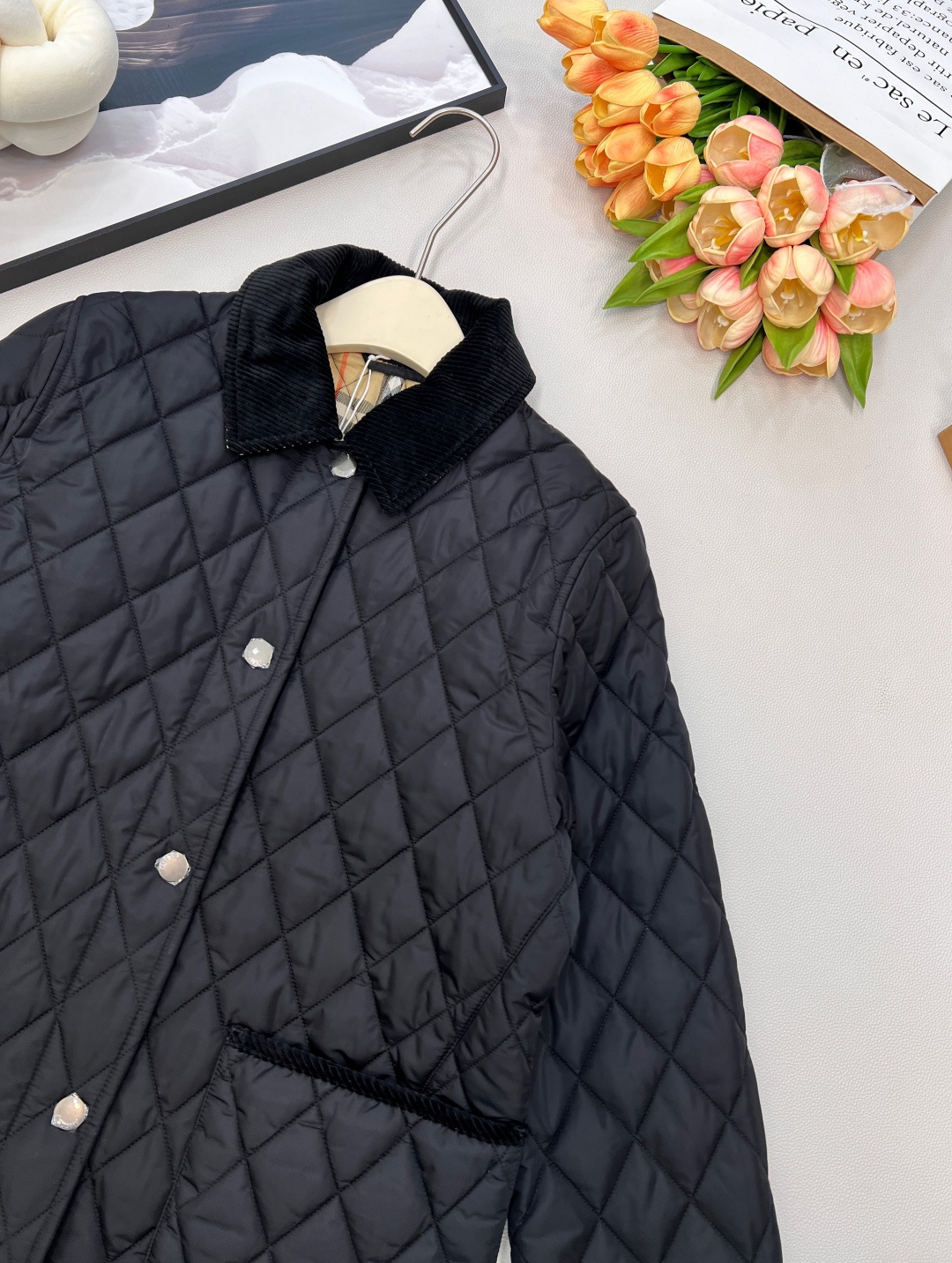 🆕BBRBERRY 2025SS新款灯芯绒领藤格纹棉服外套，定制YB防风防水尼龙材质，羽绒棉填充内里，整