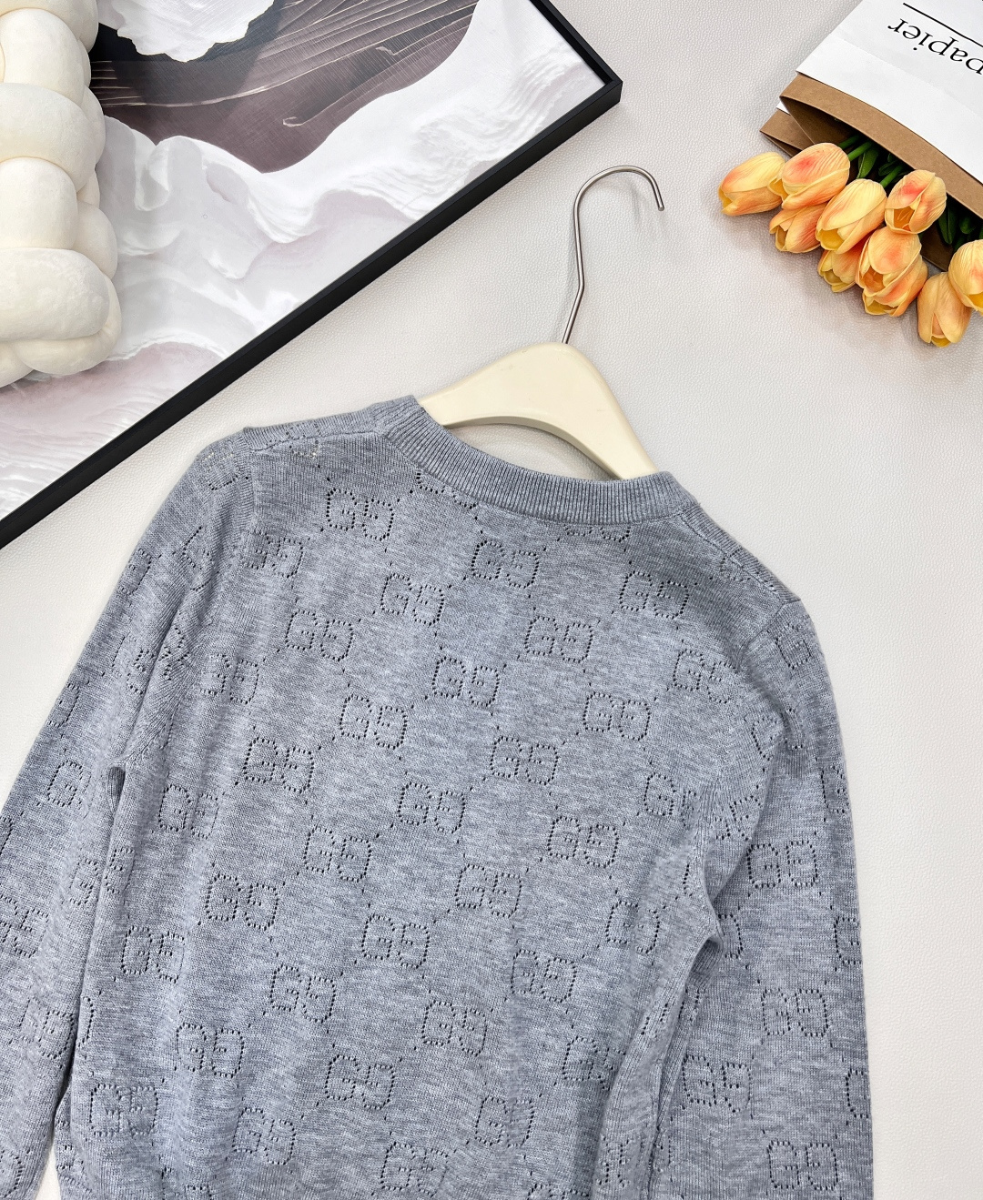 🆕2025SS 新品Gucci长袖字母提花镂空针织衫，双G镂空logo高级百搭 字母提花针织上衣 软软糯