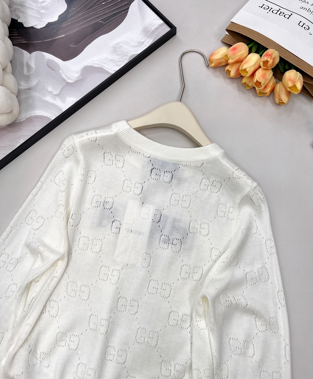 🆕2025SS 新品Gucci长袖字母提花镂空针织衫，双G镂空logo高级百搭 字母提花针织上衣 软软糯