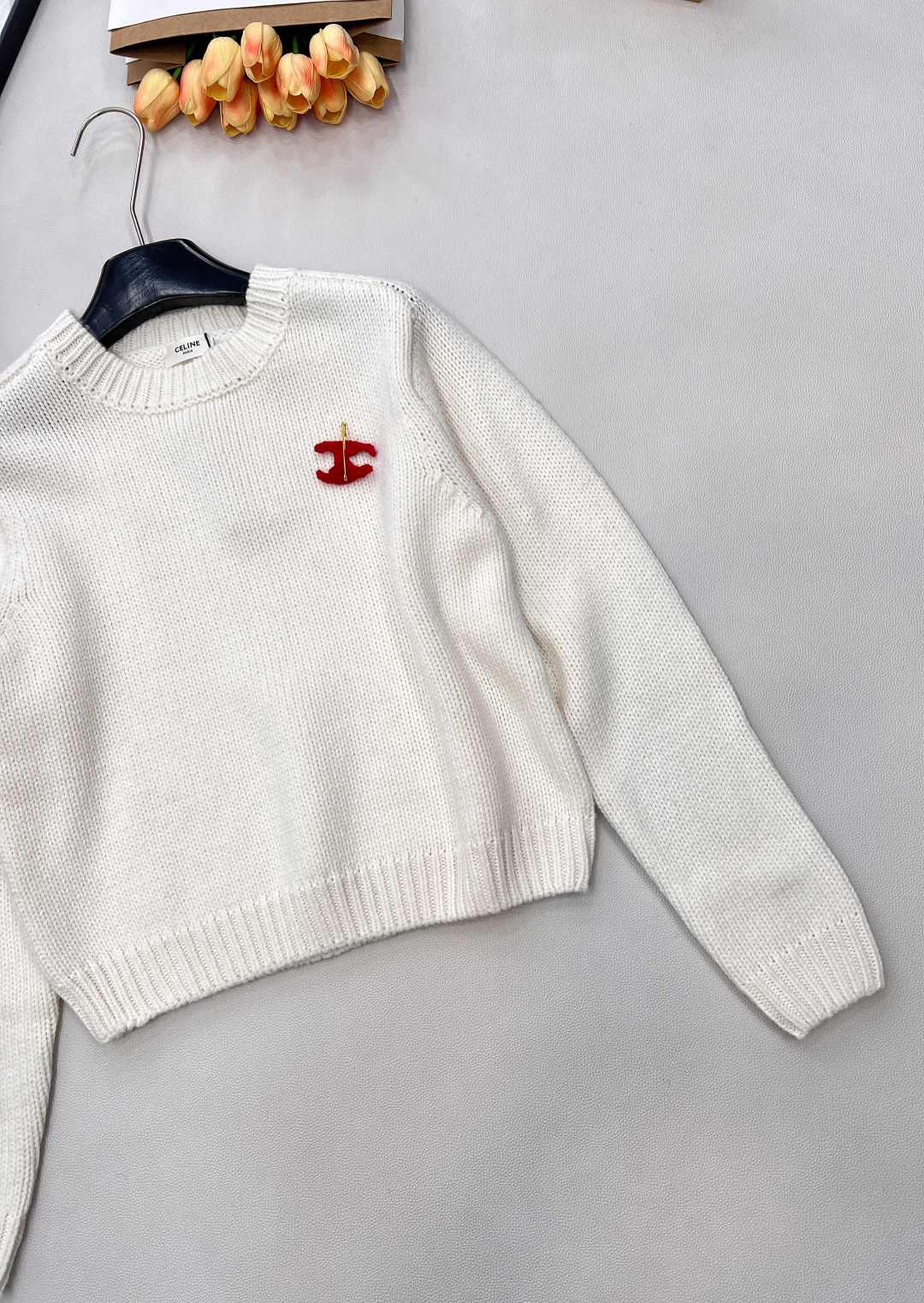 🆕CELINE新款凯旋门2025秋冬季新款显瘦百搭毛衣，羊毛针织衫 胸口处的图案可以摘下来diy在任意一
