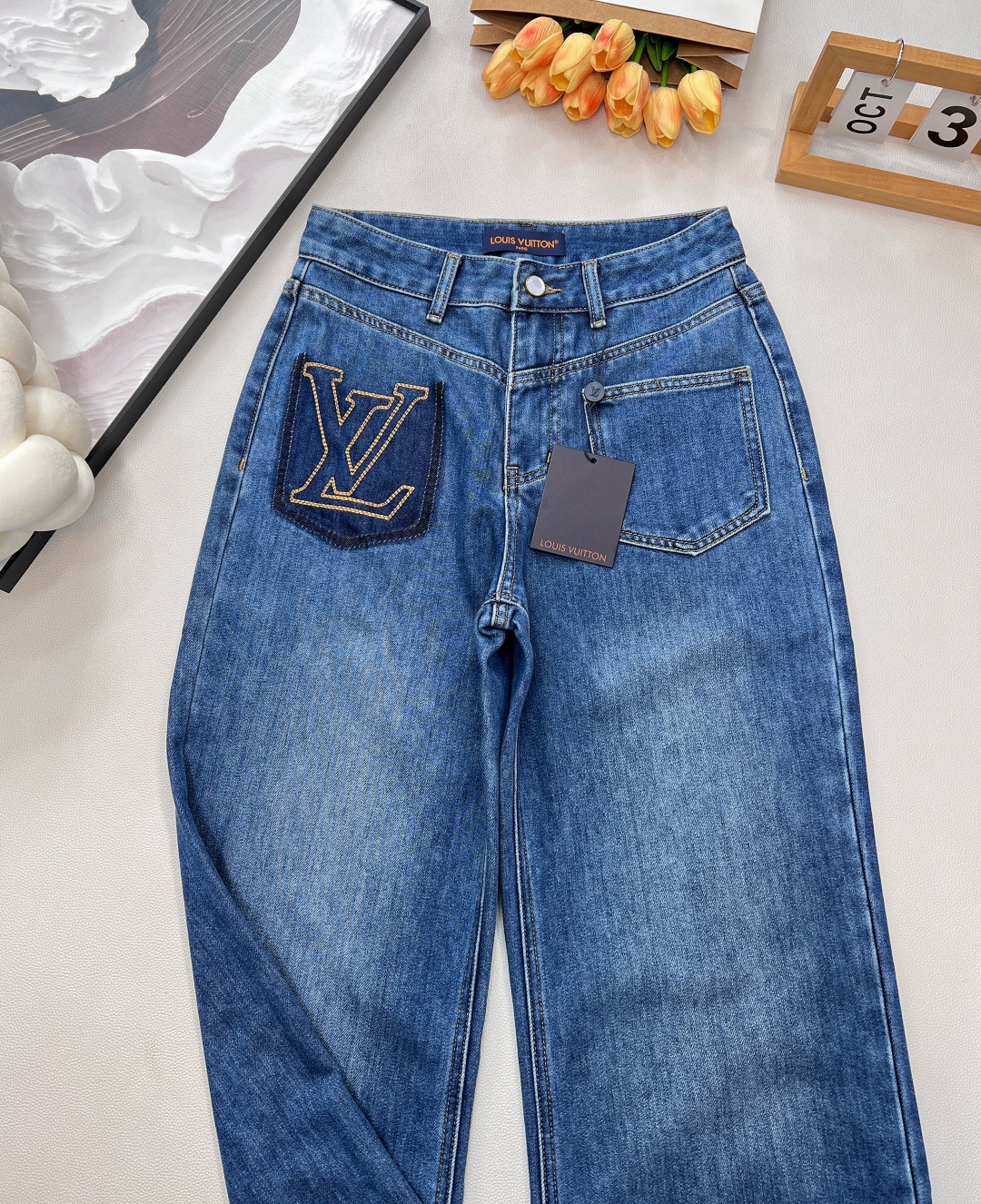 🆕Louis Vuitton25FW秋冬新款口袋阴影字母抓毛直筒牛仔裤丨⚠独家版出品！中度水洗牛仔布做了