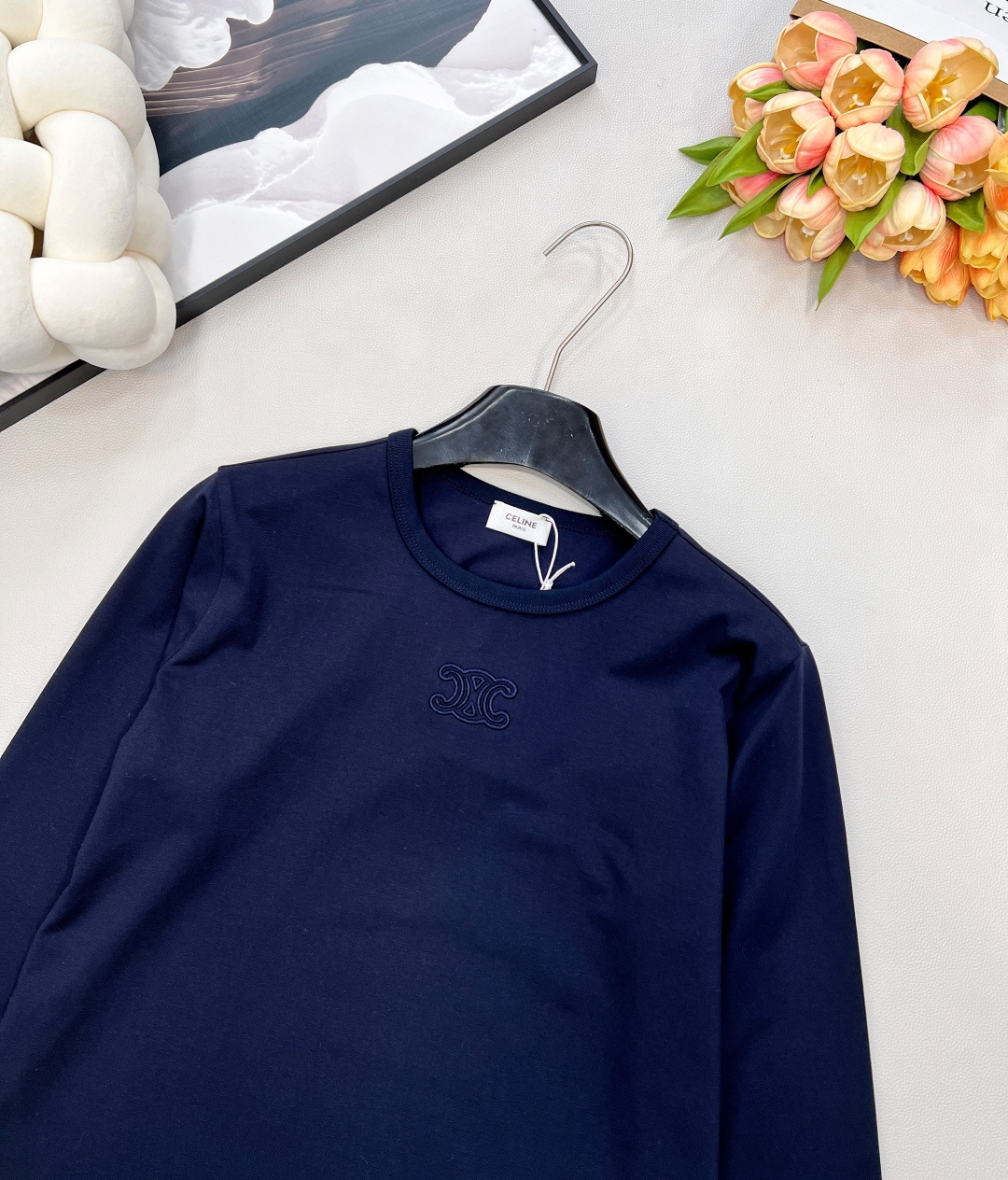 🆕Celine2025新款圆领刺绣全棉长袖T恤，定制YB原生全棉材质，德国进口机器打造，超密度处理，质感