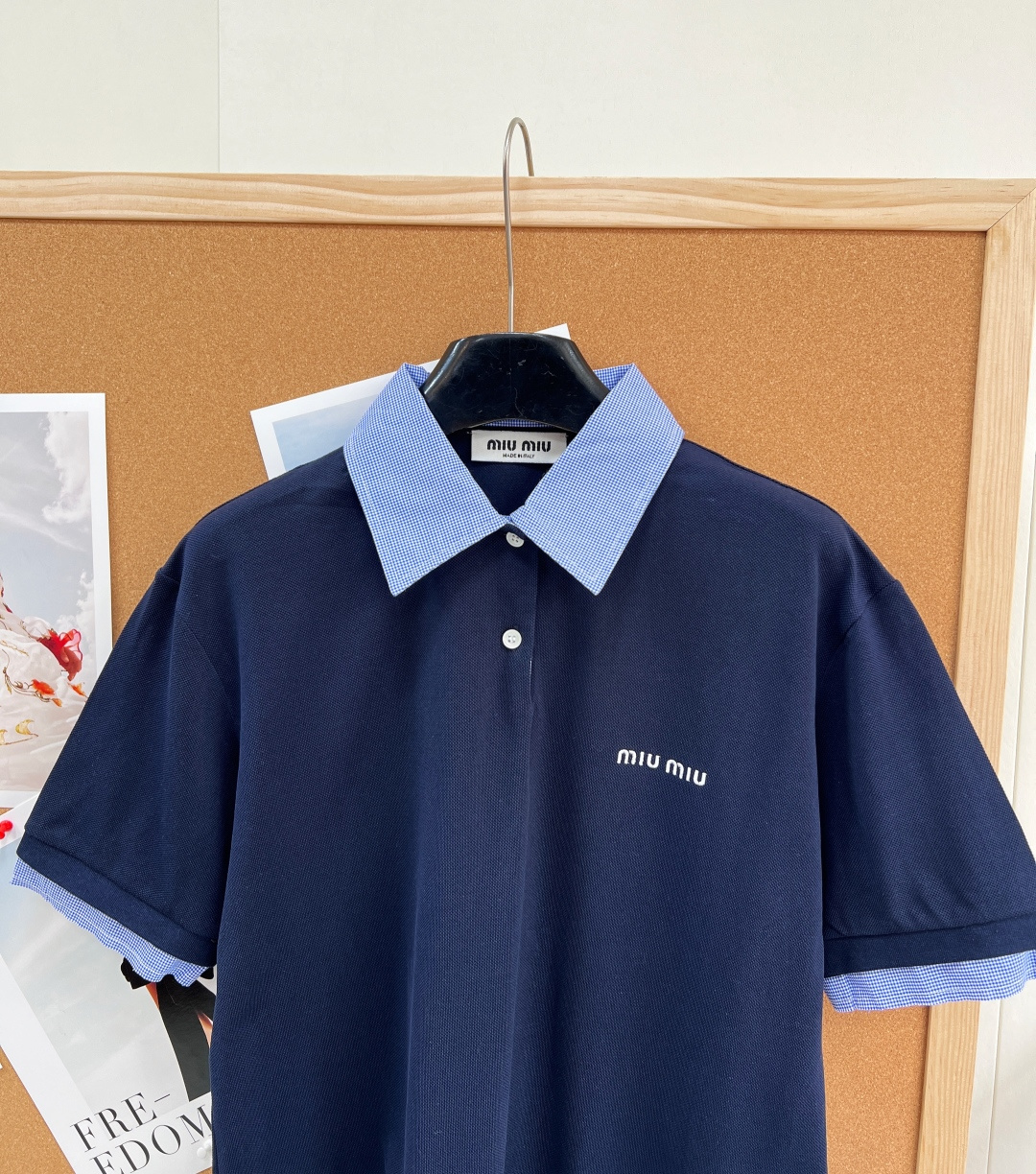 🆕 MIUMIU 蓝色格纹拼接翻领假两件Polo衫短袖💃miu里miu气的学院风系列 👩‍🎓学院风Pol