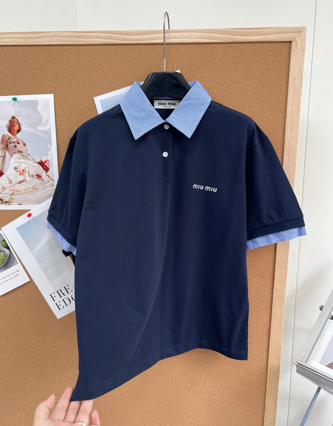 🆕 MIUMIU 蓝色格纹拼接翻领假两件Polo衫短袖💃miu里miu气的学院风系列 👩‍🎓学院风Pol