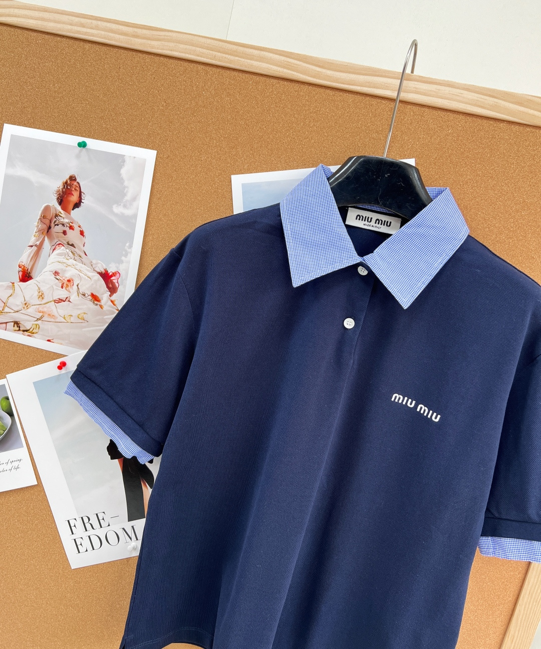🆕 MIUMIU 蓝色格纹拼接翻领假两件Polo衫短袖💃miu里miu气的学院风系列 👩‍🎓学院风Pol