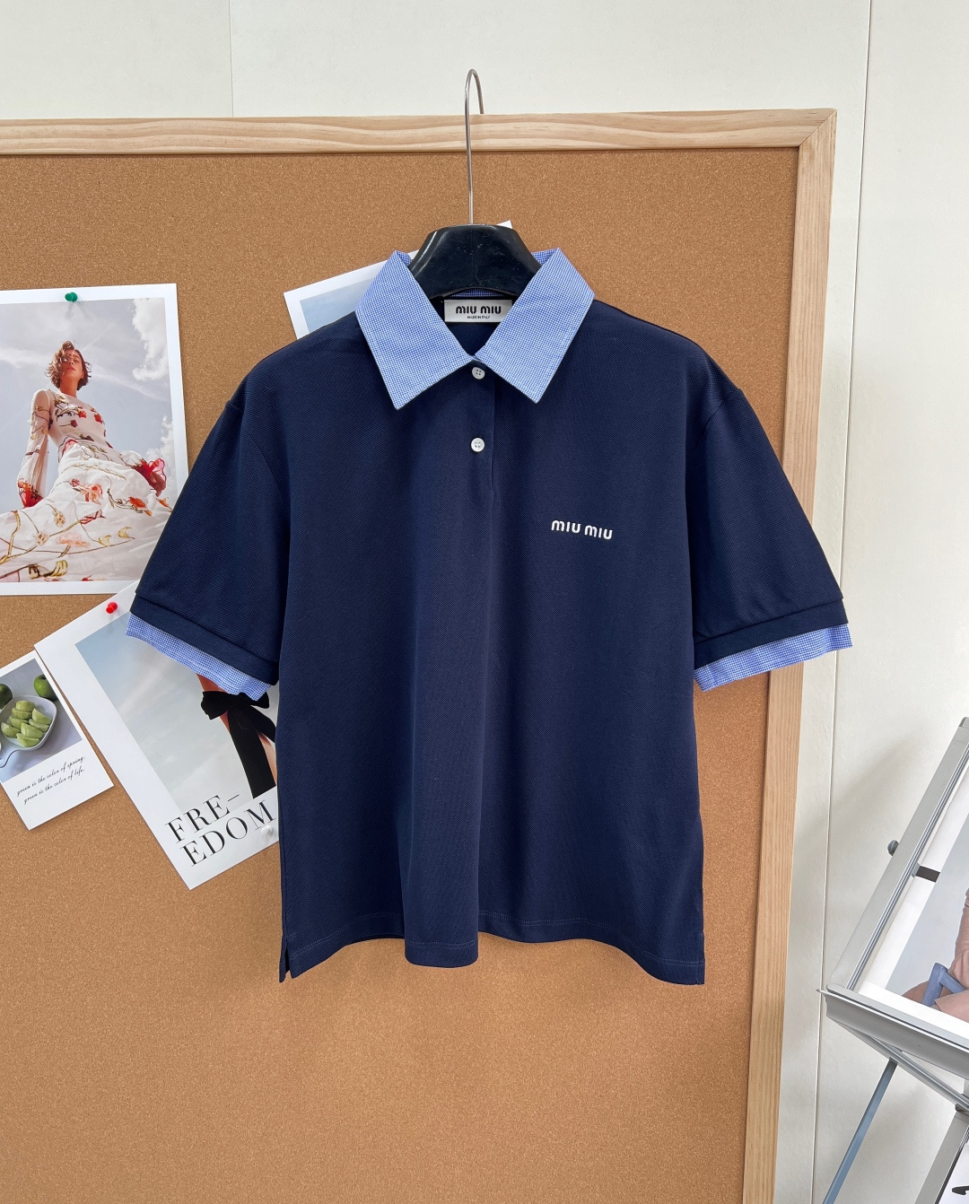 🆕 MIUMIU 蓝色格纹拼接翻领假两件Polo衫短袖💃miu里miu气的学院风系列 👩‍🎓学院风Pol