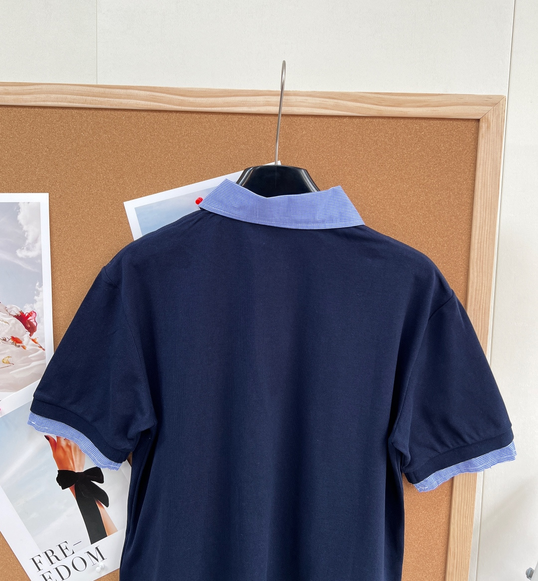 🆕 MIUMIU 蓝色格纹拼接翻领假两件Polo衫短袖💃miu里miu气的学院风系列 👩‍🎓学院风Pol