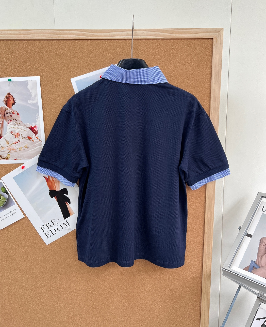 🆕 MIUMIU 蓝色格纹拼接翻领假两件Polo衫短袖💃miu里miu气的学院风系列 👩‍🎓学院风Pol