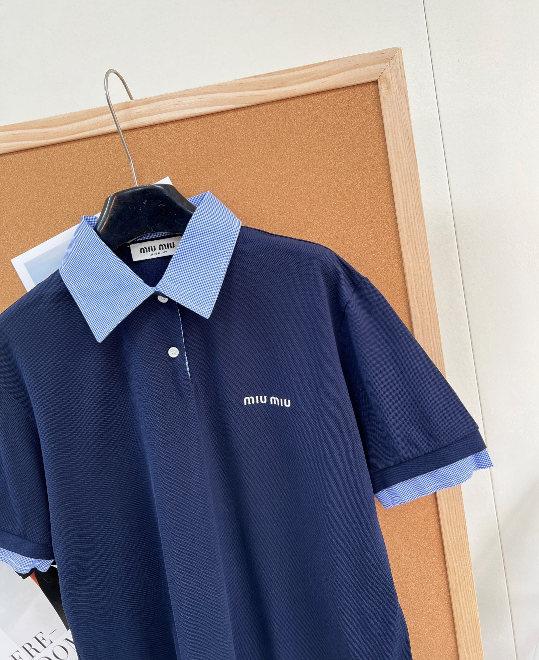 🆕 MIUMIU 蓝色格纹拼接翻领假两件Polo衫短袖💃miu里miu气的学院风系列 👩‍🎓学院风Pol
