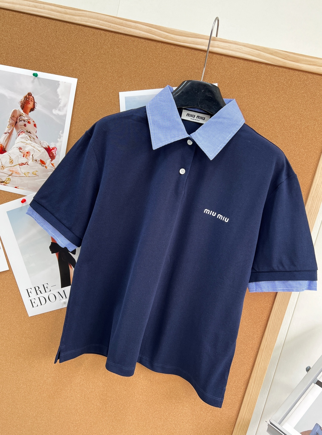 🆕 MIUMIU 蓝色格纹拼接翻领假两件Polo衫短袖💃miu里miu气的学院风系列 👩‍🎓学院风Pol