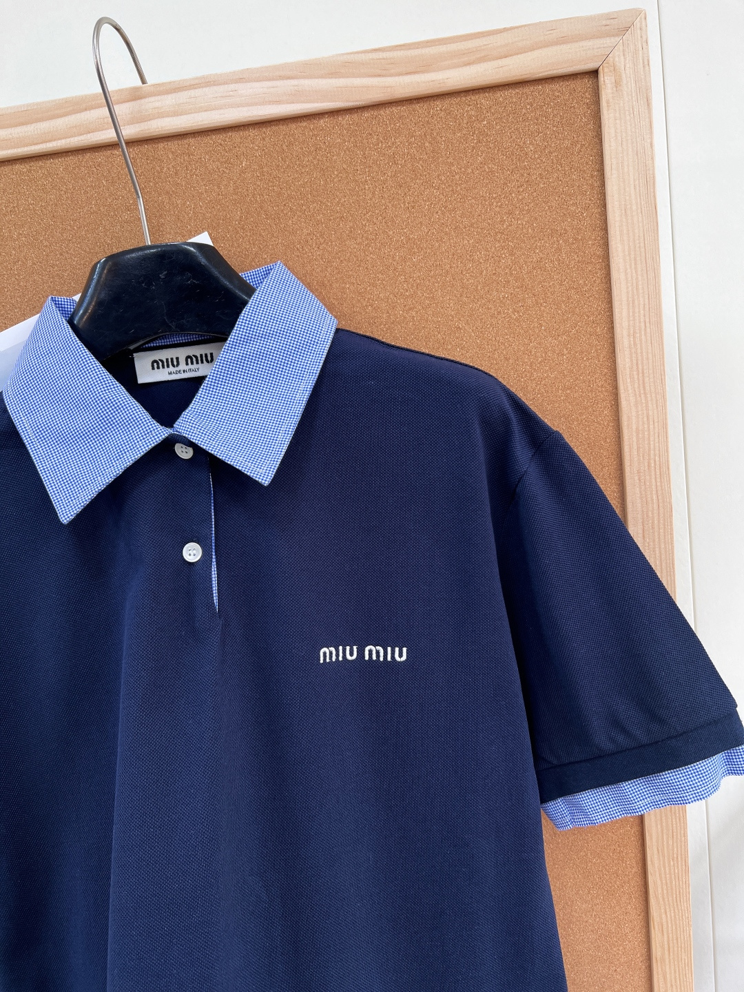 🆕 MIUMIU 蓝色格纹拼接翻领假两件Polo衫短袖💃miu里miu气的学院风系列 👩‍🎓学院风Pol