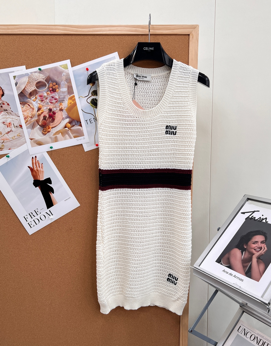 NO:806414,miumiu 2026 new summer hollow knitted vest dress is a summer-atmosphere wearing artifact - Made of advanced custom-grade cotton-feeling knitted material, the mesh hollow weaving method has a breathable feeling, and it will not make you sweaty when worn in summer. It has a soft and skin-friendly touch, and the upper body has a cool skin feeling. -  The classic U-shaped collar accurately modifies the shoulder and neck lines and elongates the proportions of the neck; the sleeveless vest dress has a neat and slim silhouette, easily outlines a loose and sweet figure, and is super friendly to all body types. - The black and red contrasting stripes on the waist break the monotony of pure white, instantly brightening the overall look, full of retro fashion, and with miumiu's signature sweet and cool contrast. -  The double logo embroidery on the chest and hem is exquisite but not exaggerated, conveying brand recognition in a low-key manner, and showing high-end texture in every detail. This vest dress perfectly captures miumiu's classic 'sweet but not greasy' girly feel, unlocking N kinds of summer outfits!  All three standards are complete, and the goods will be shipped in large quantities!  size sml code,,miumiu,skirts,19860909miumiu 2026夏季新款镂空针织背心裙 夏日氛围感穿搭神器 - 采用高级定制级棉感针织材质,网眼镂空织法自带透气呼吸感,夏日穿不闷汗,软糯亲肤的触感,上身自带清凉肤感. - 经典U型领精准修饰肩颈线条,拉长颈部比例；无袖背心裙版型利落显瘦,轻松勾勒出松弛又甜美的身形,对各种身材都超友好. - 腰间黑红撞色条纹打破纯白的单调,瞬间点亮整体造型,复古时髦感拉满,自带miumiu标志性的甜酷反差感. - 胸前与下摆两处双logo刺绣,精致不浮夸,低调传递品牌辨识度,细节处尽显高级质感. 这款背心裙完美拿捏miumiu经典的“甜而不腻”少女感,解锁N种夏日穿搭！三标齐全,大货出！ 尺码sml 编码,,miumiu,skirts,,Women's clothing