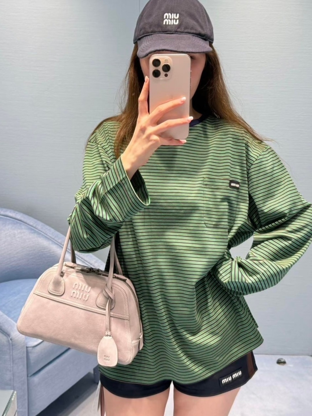 NO:934634,Stylish miumiu outfit, green stripes unlock summer retro style,,miumiu,19860909时髦miumiu穿搭 绿条纹解锁夏日复古腔调,,miumiu,,Women's clothing
