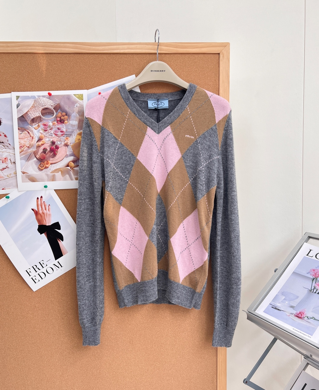 Prada Argyle V Neck Sweater