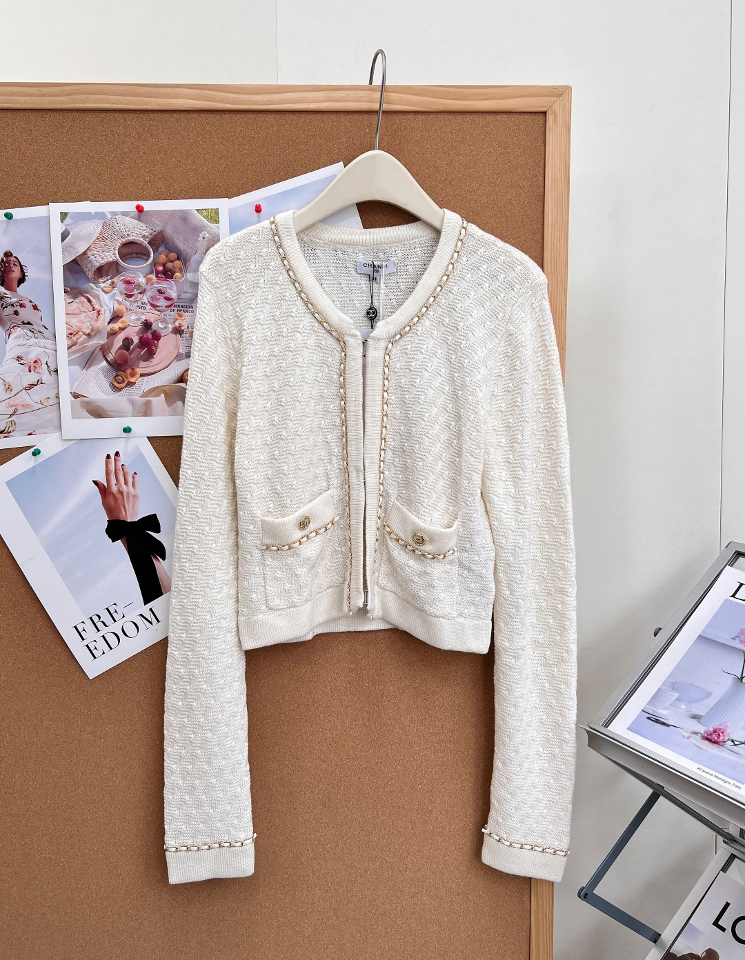 chanel gold chain trim ivory knit cardigan