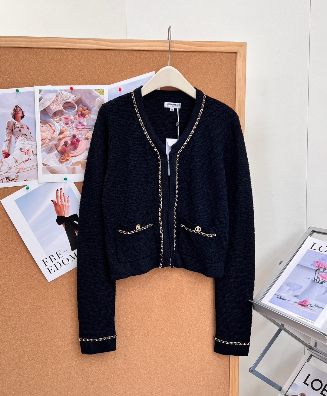 chanel gold chain trim cropped knit cardigan