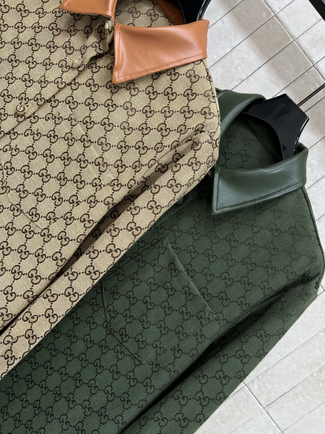 G家 25早秋新款 双G提花皮革翻领衬衫 演绎文艺复古风 减龄学院立领衬衫外套 皮革拼接翻领设计 经典的