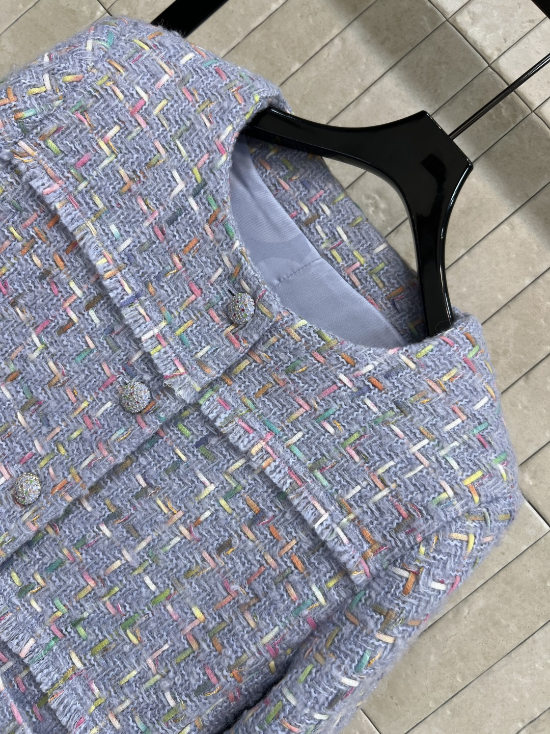 小香家 25秋冬新款 香芋紫粗花呢系列 圆领小外套+圆领多口袋外套+半身裙 定制香芋紫粗花呢面料超级有质