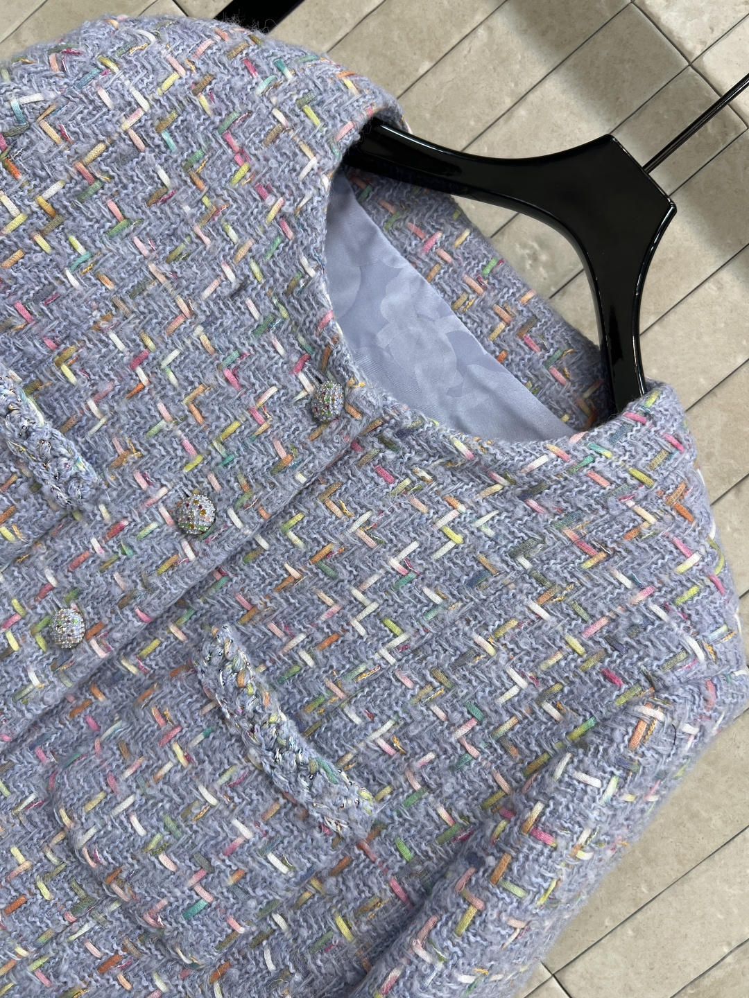 小香家 25秋冬新款 香芋紫粗花呢系列 圆领小外套+圆领多口袋外套+半身裙 定制香芋紫粗花呢面料超级有质