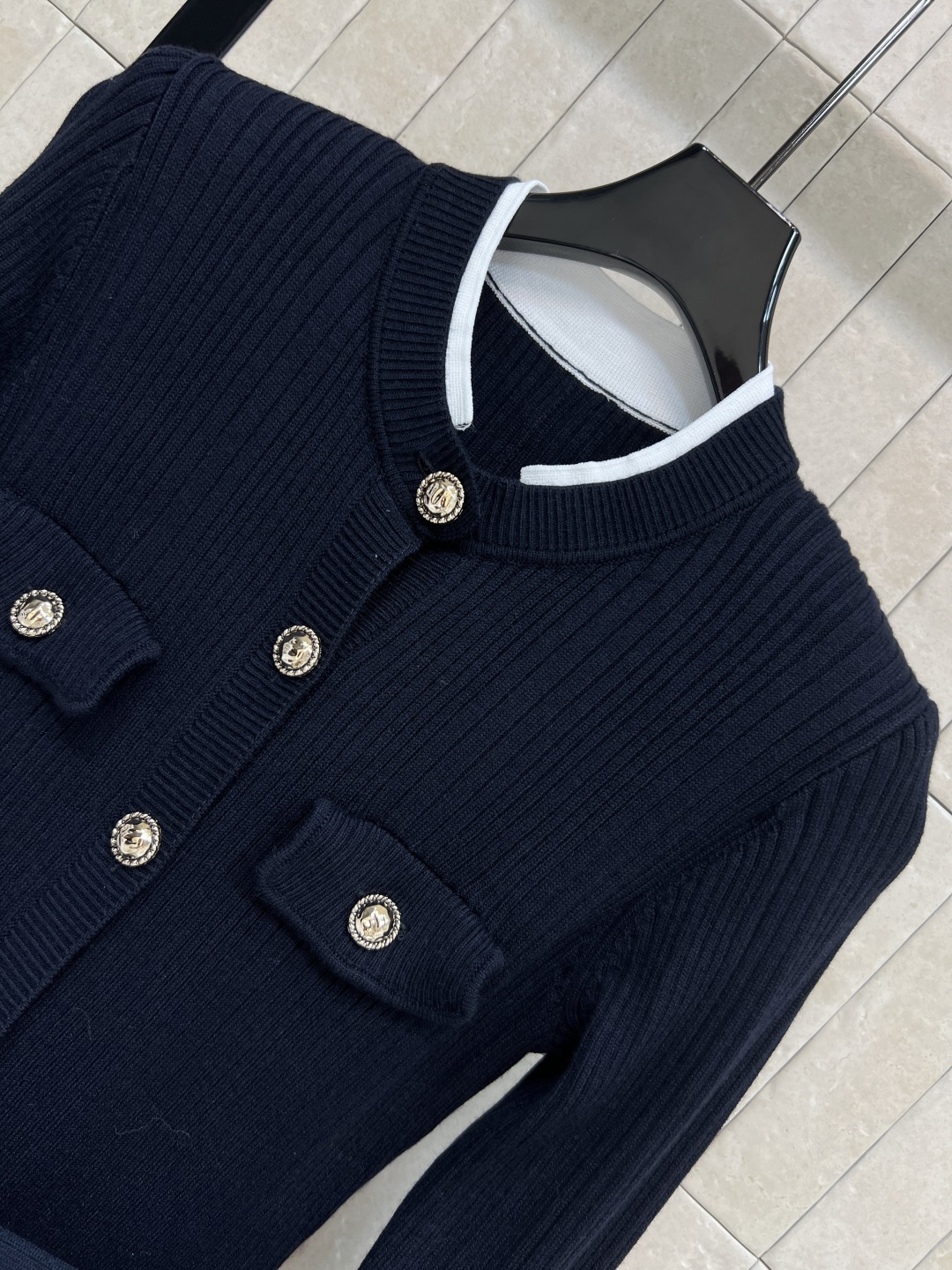 Self 25秋冬新款 藏蓝针织长款连衣裙 秋冬穿超舒服！立领+金色纽扣+腰带 复古小香风感满满 袖口白