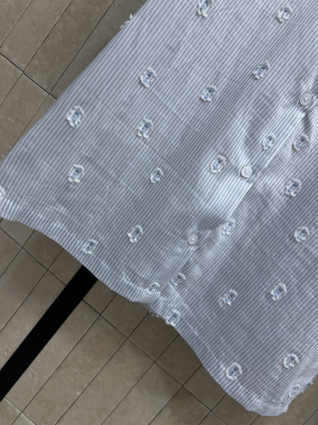 MIU家 26春夏新款 条纹短袖半裙套装 娃娃领上衣+高腰A字半裙 立体手工镂空小花点缀 小众精致不单调