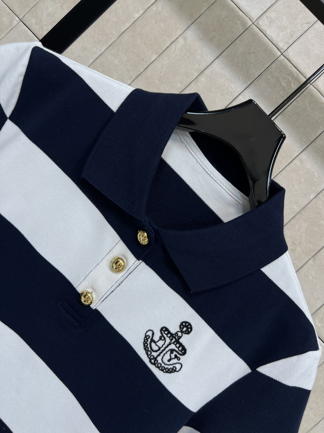 L家 26夏季新款 船锚刺绣条纹POLO衫 纯棉面料 柔软透气 经典藏青白条纹设计 短款露腰版型刚好拉长