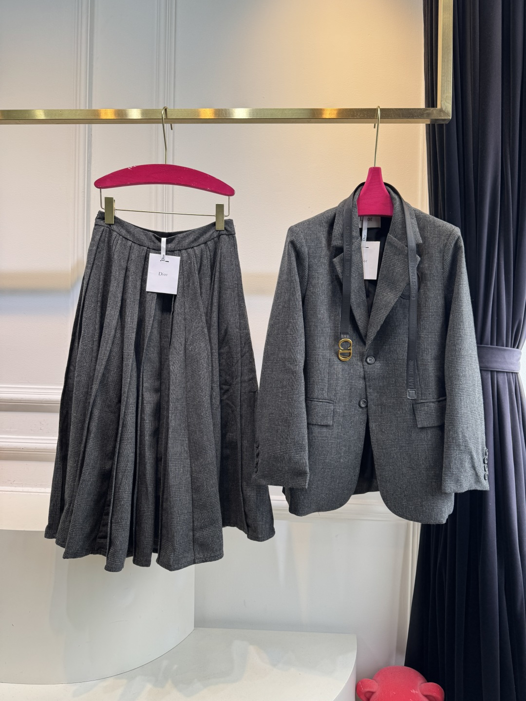 Gray Check Pleated Midi Skirt