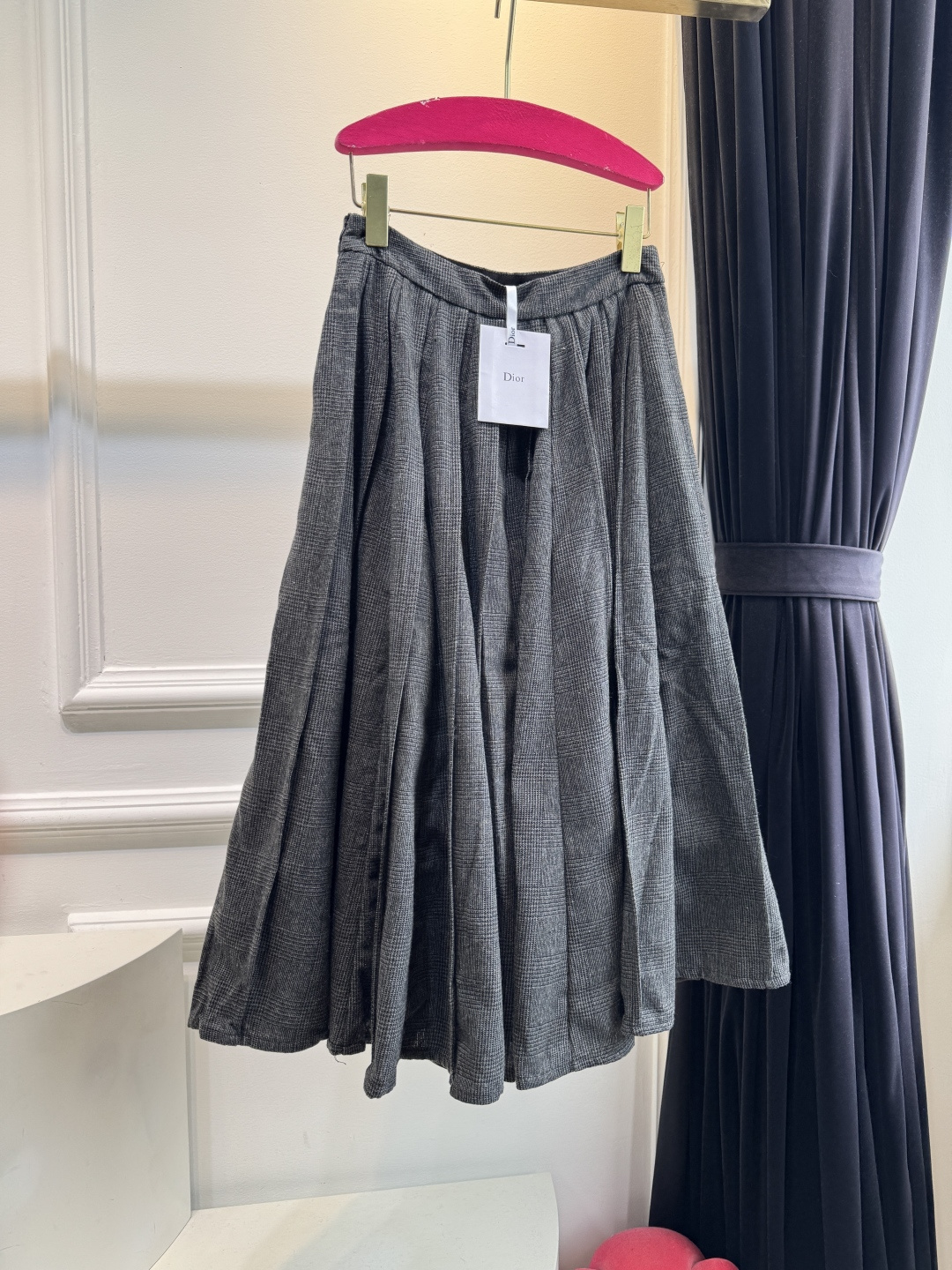 Gray Check Pleated Midi Skirt