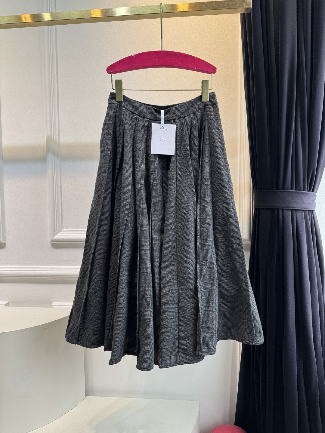 Gray Check Pleated Midi Skirt