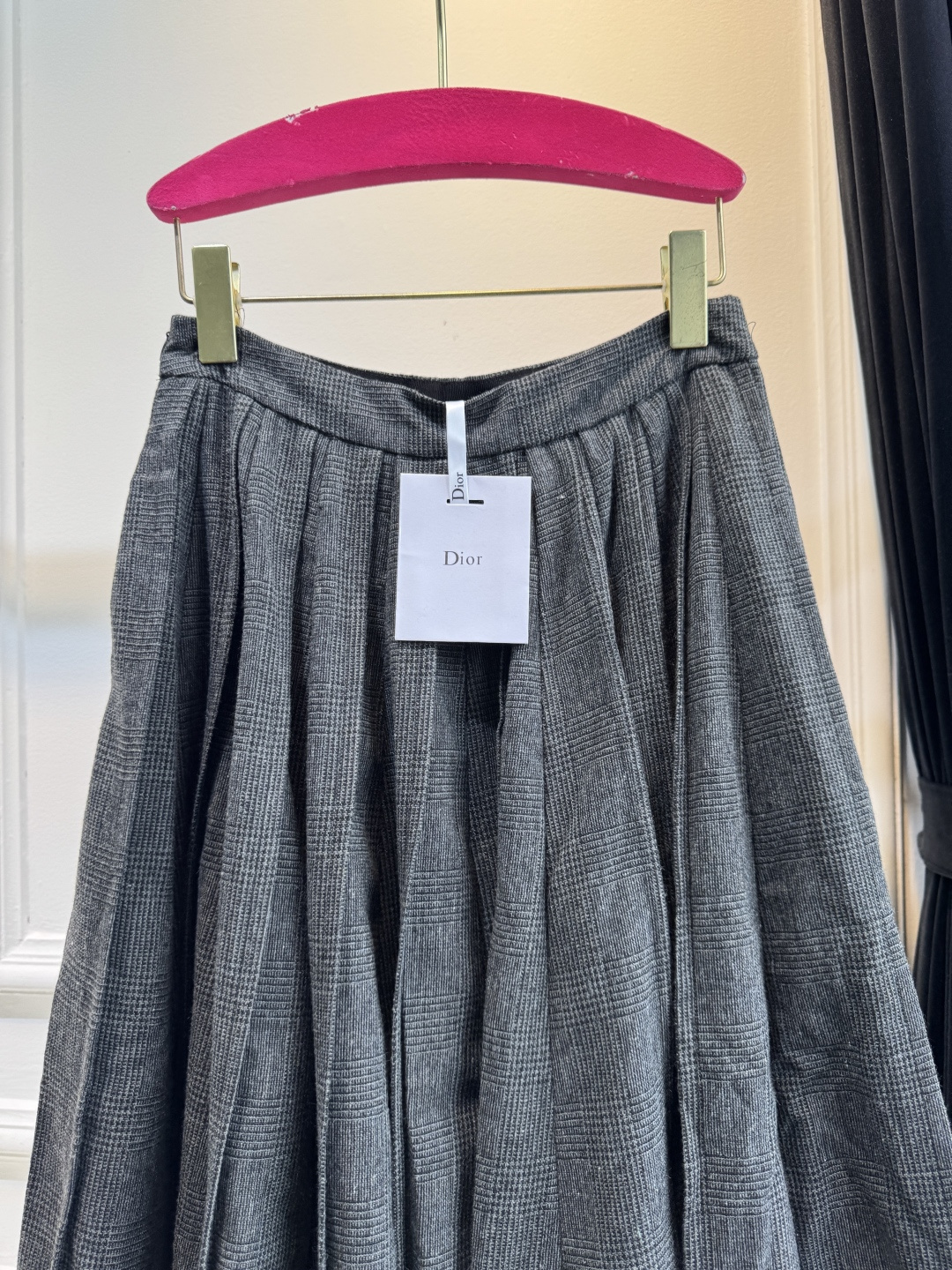 Gray Check Pleated Midi Skirt
