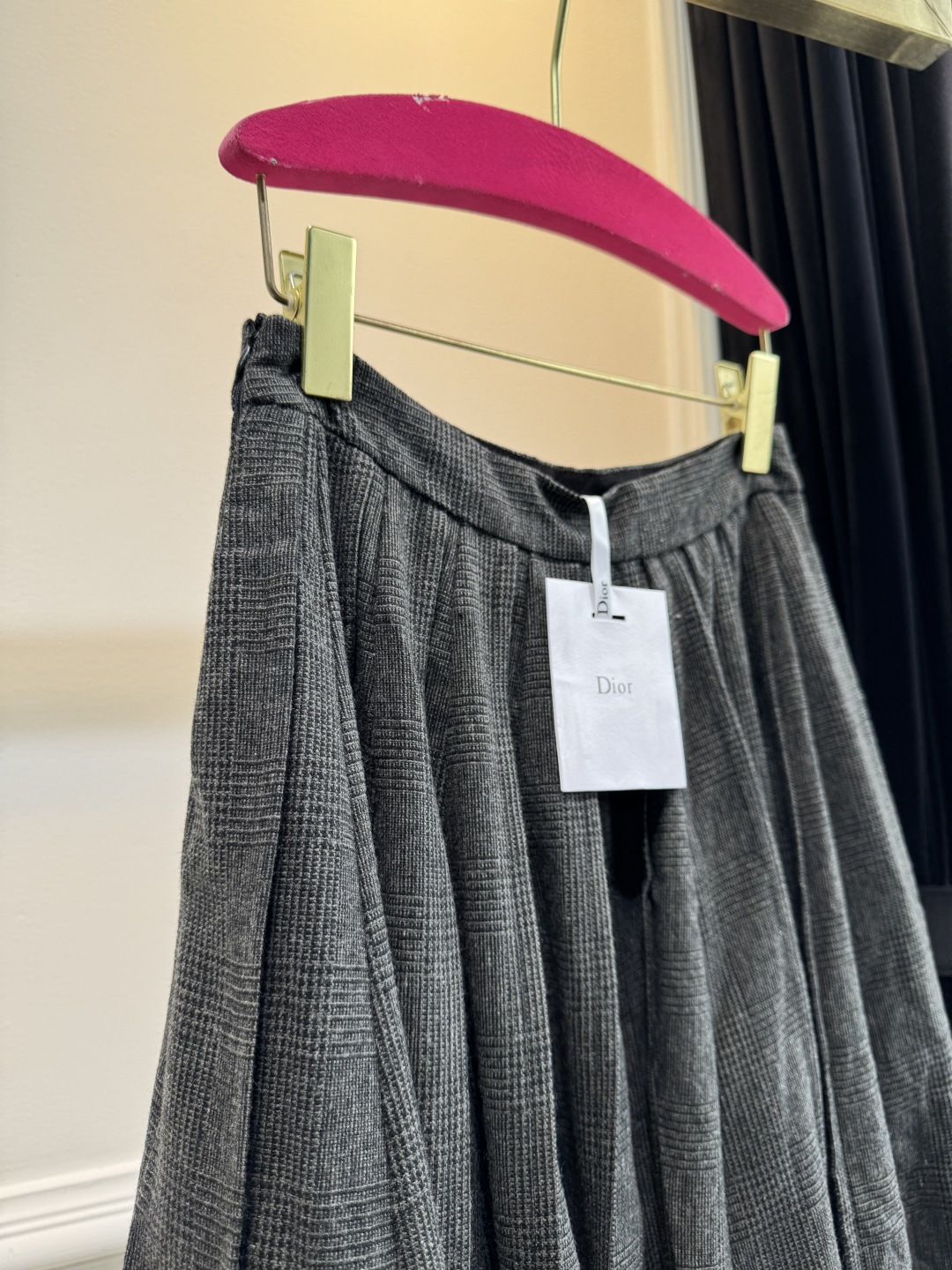 Gray Check Pleated Midi Skirt