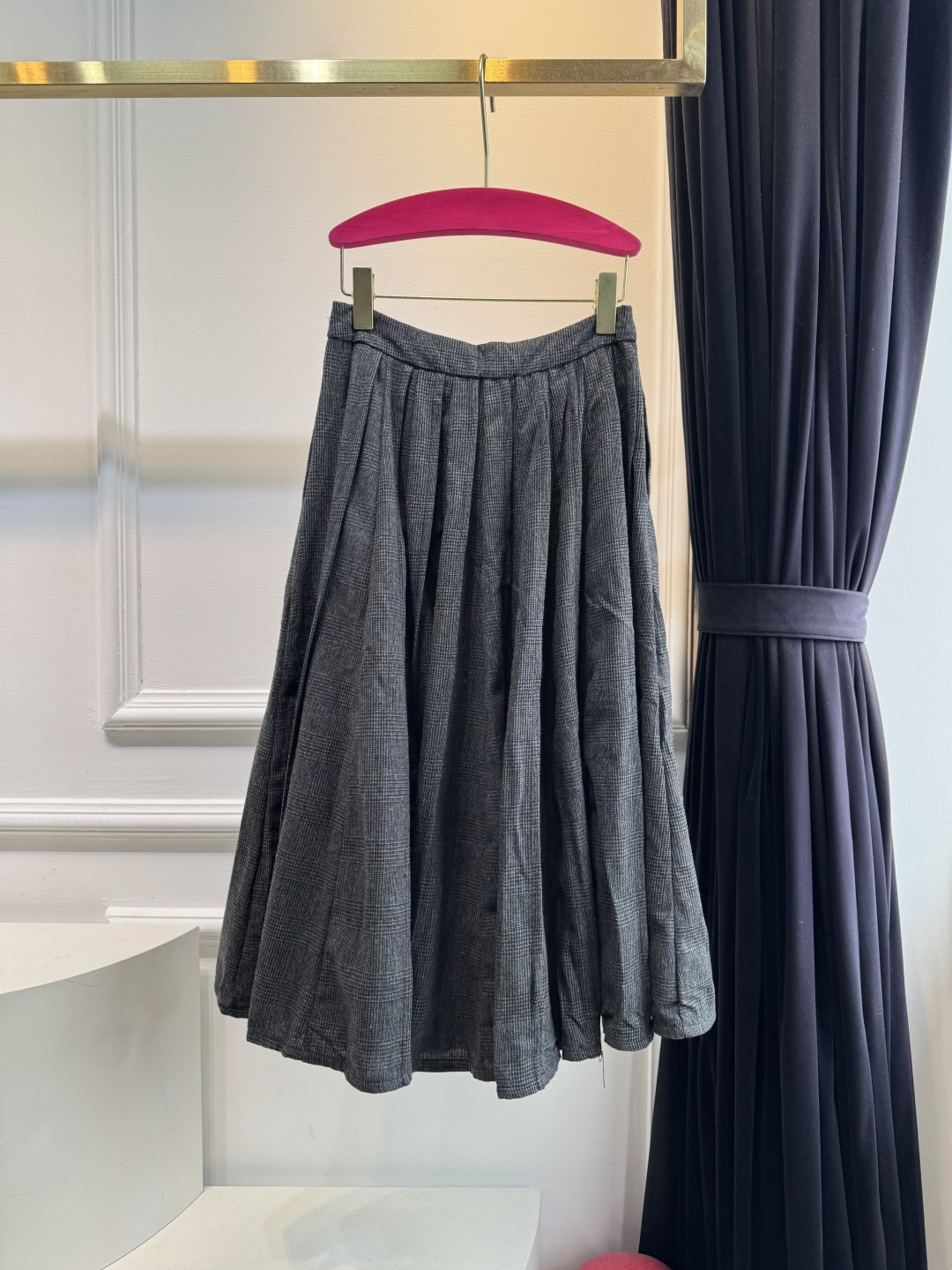Gray Check Pleated Midi Skirt